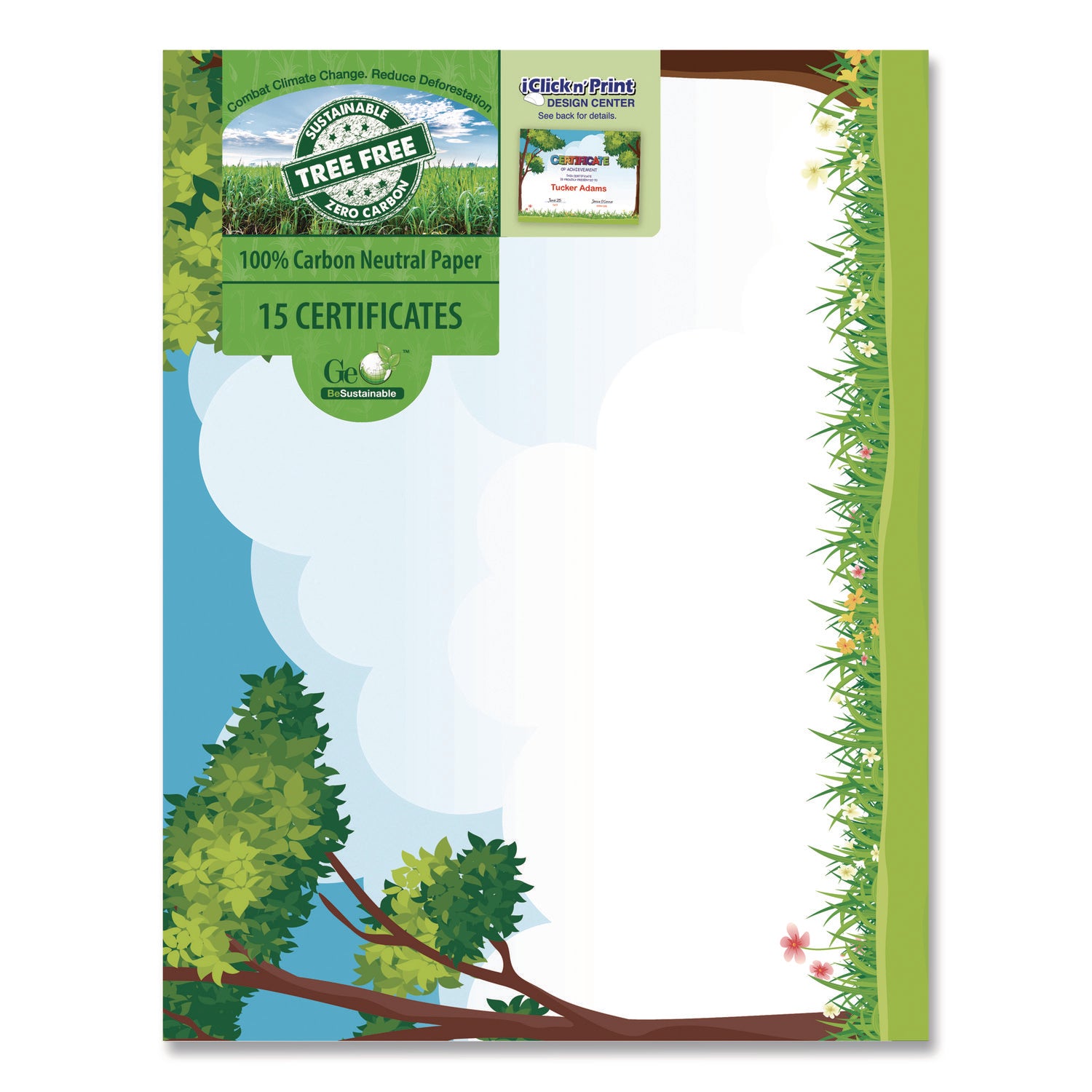 Geographics® Tree Free Award Certificates, 8.5 x 11, Green/Brown/Blue, with Outside Scene Border, 15/Pack