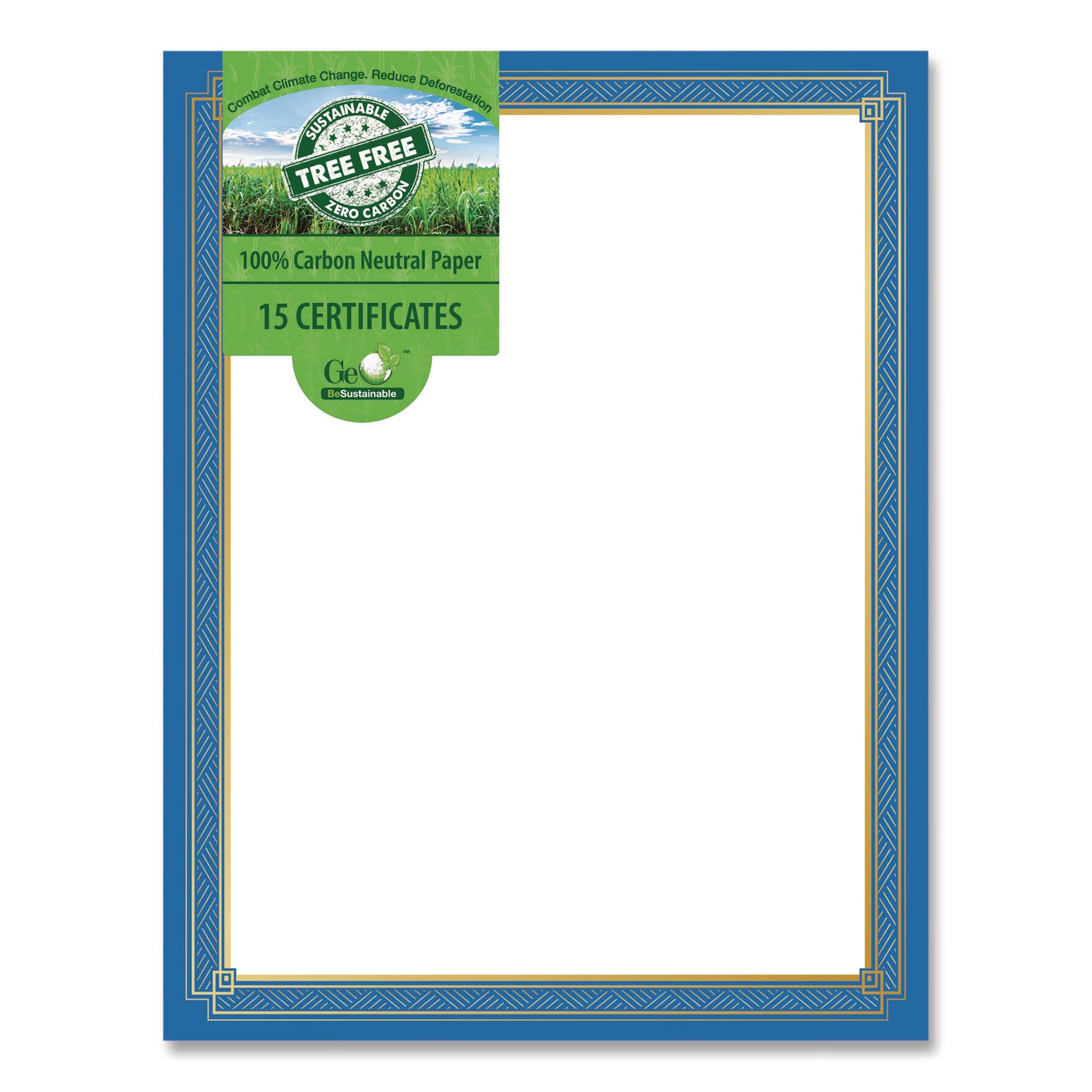 Geographics® Tree Free Award Certificates, 8.5 x 11, White with Elegant Blue/Gold Border, 15/Pack