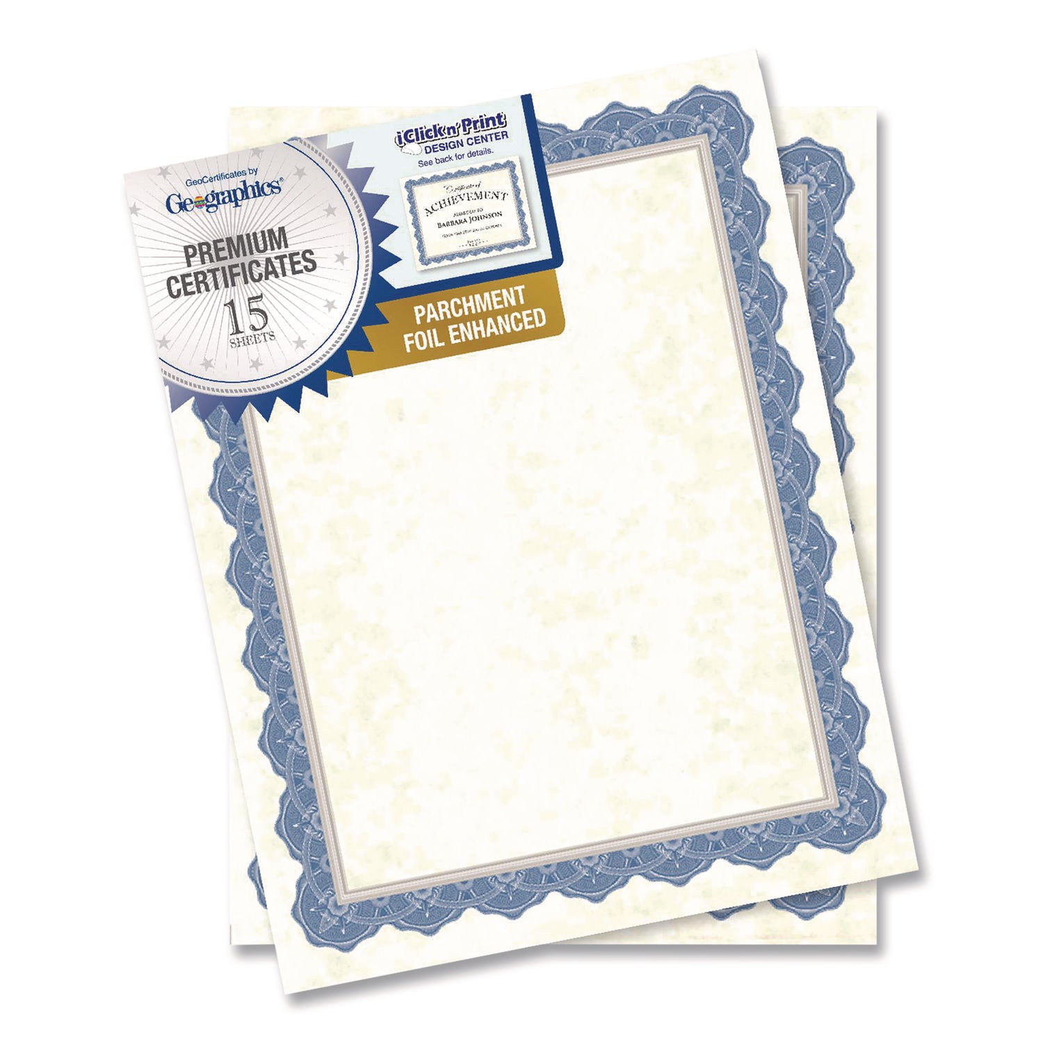 Geographics® Award Certificates, 8.5 x 11, Natural with Braided Blue/Silver Border, 15/Pack
