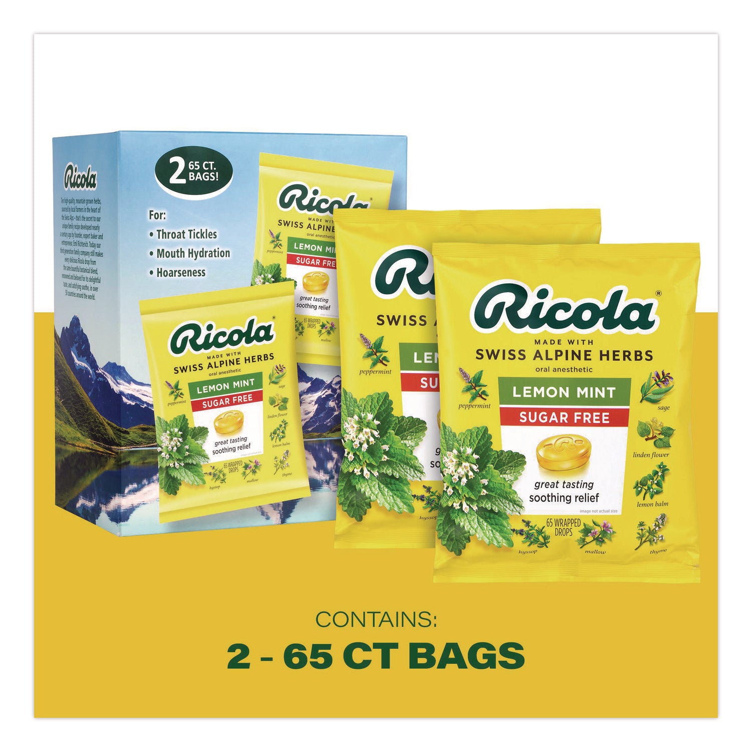 Ricola® Sugar-Free Lemon Mint Herb Throat Drops, 65/Bag, 2 Bags/Pack