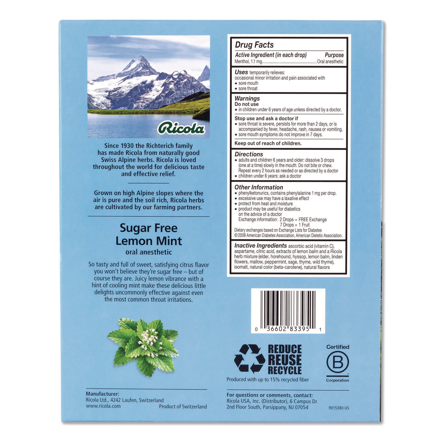 Ricola® Sugar-Free Lemon Mint Herb Throat Drops, 65/Bag, 2 Bags/Pack