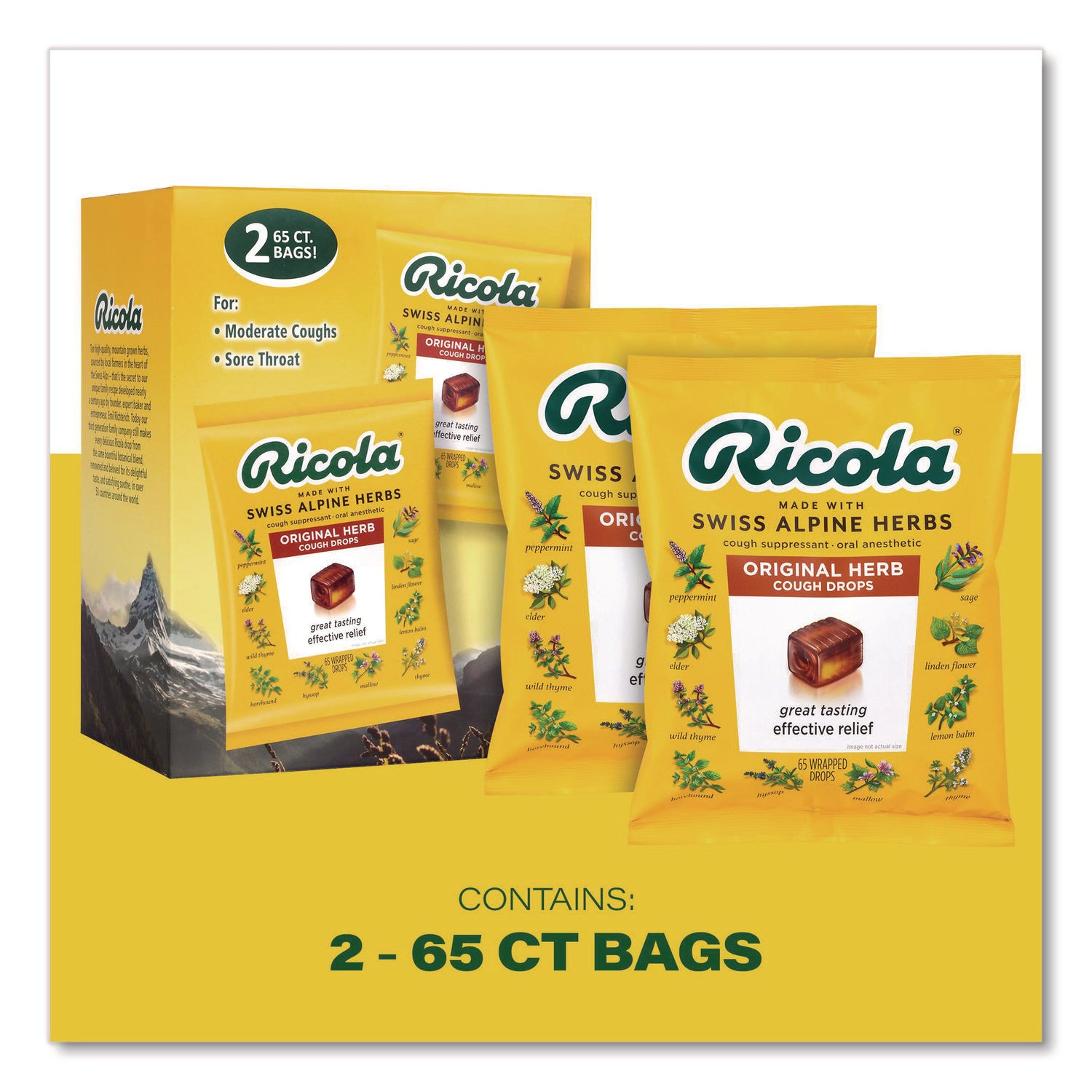 Ricola® Cough Drops, Original Herb, 65/Bag, 2 Bags/Pack