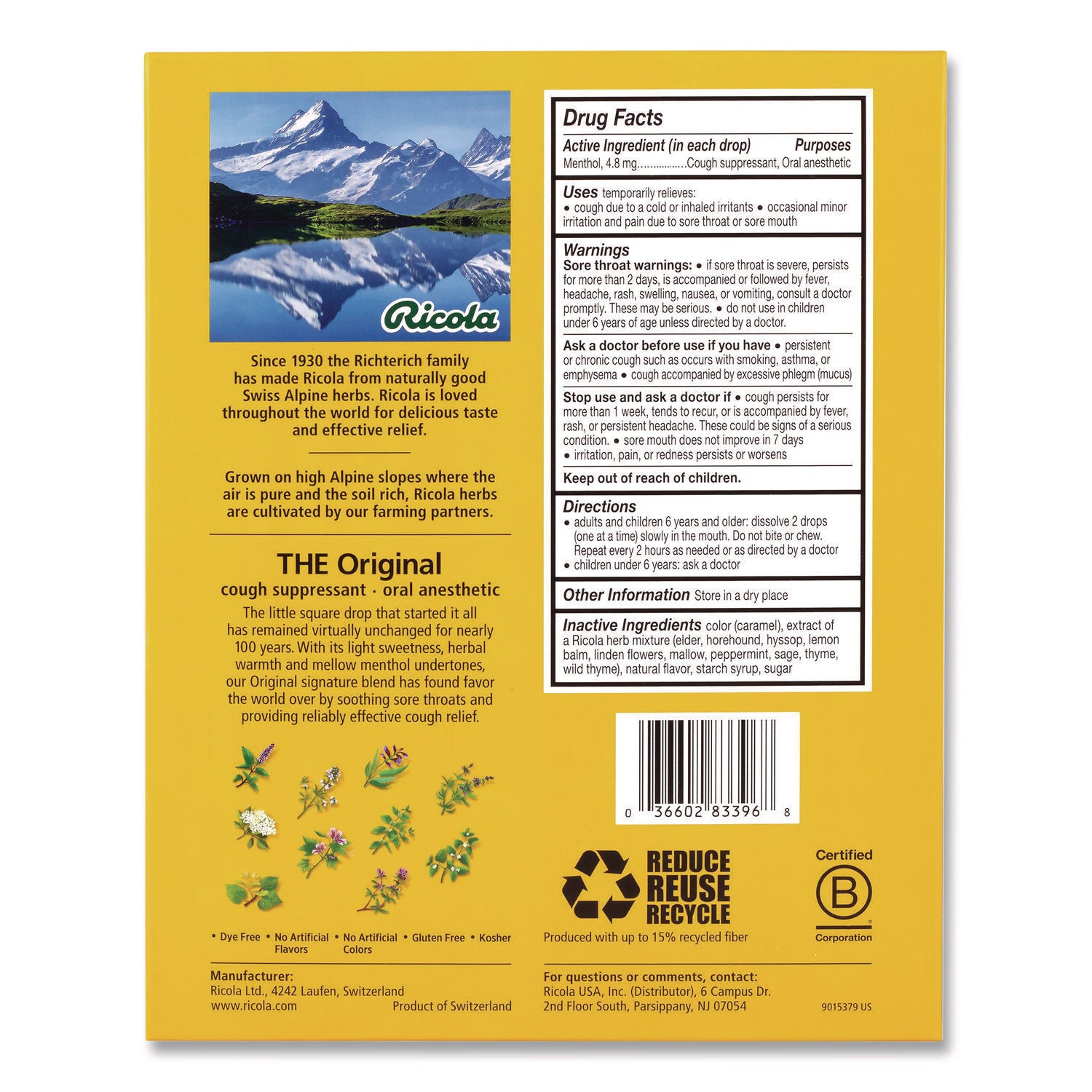 Ricola® Cough Drops, Original Herb, 65/Bag, 2 Bags/Pack