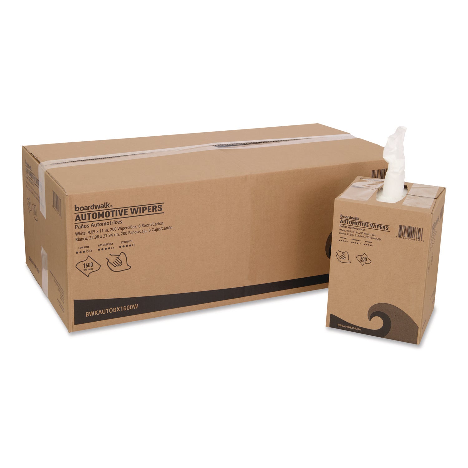 Boardwalk® Automotive Wipers, 10.63 x 20.47, Unscented, White, 200/Box, 8 Boxes/Carton