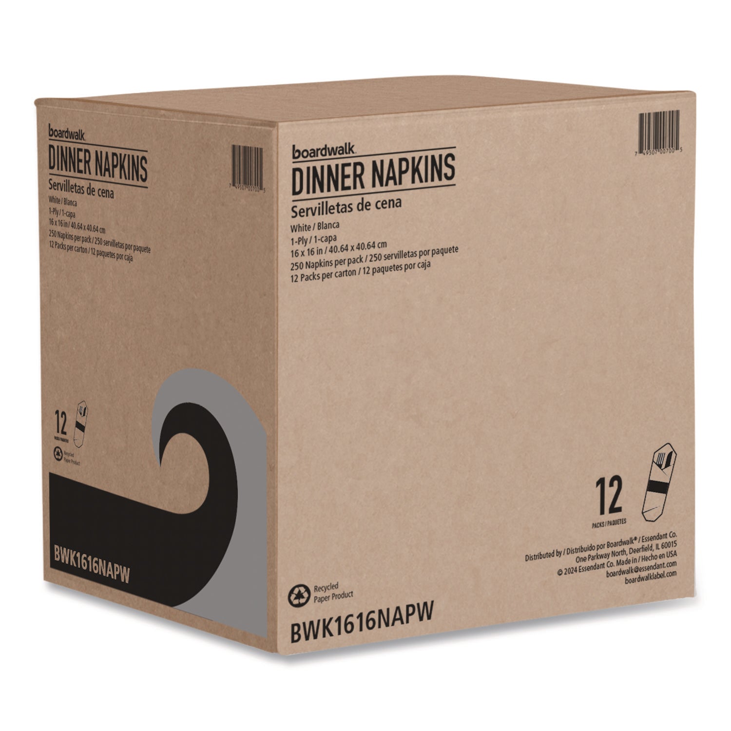 Boardwalk® Dinner Napkins, 1-Ply, 16" x 16", White, 250/Pack, 12 Packs/Carton