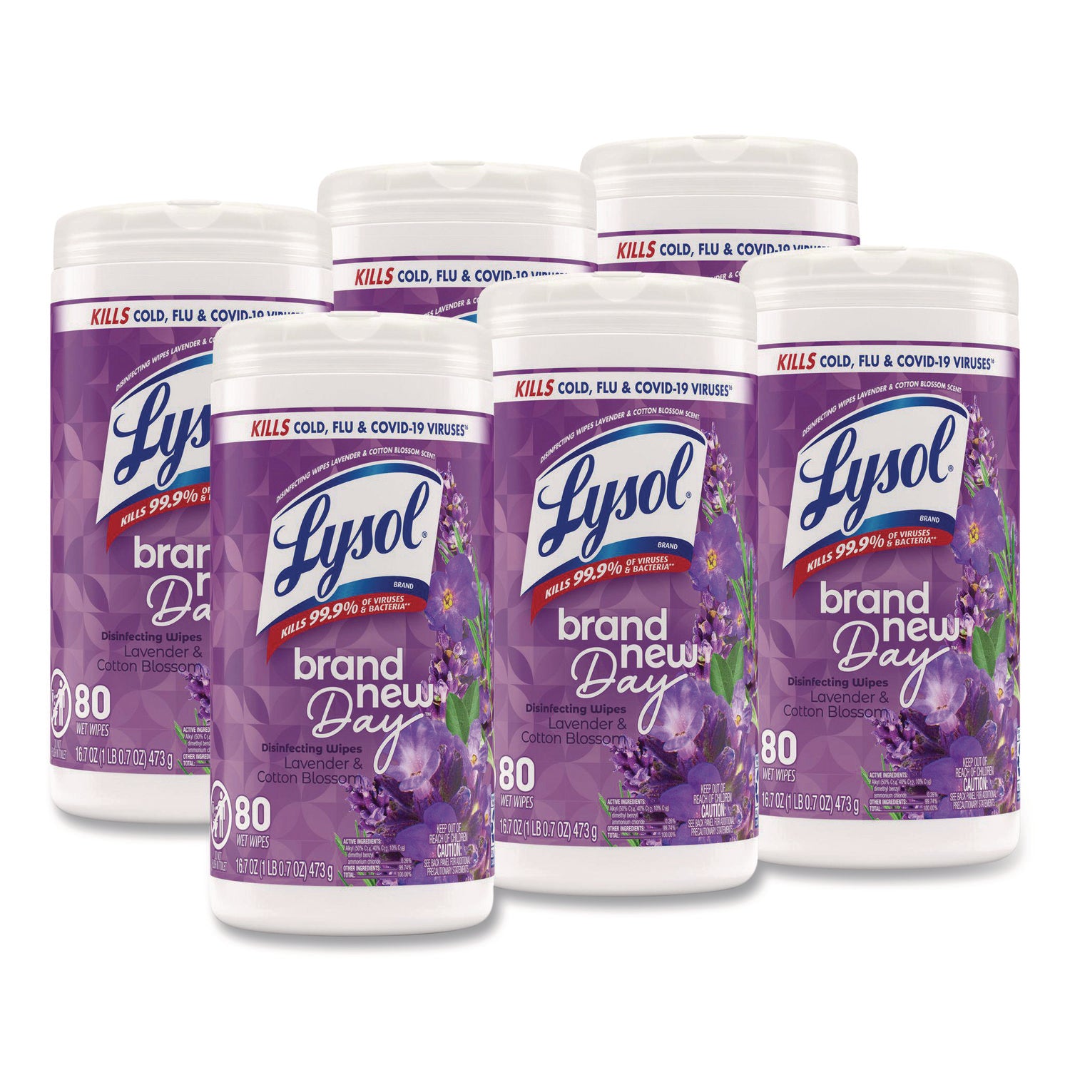 LYSOL® Brand Disinfecting Wipes, 1-Ply, 7 x 7.25, Lavender and Cotton Blossom, White, 80 Wipes/Canister, 6 Canisters/Carton