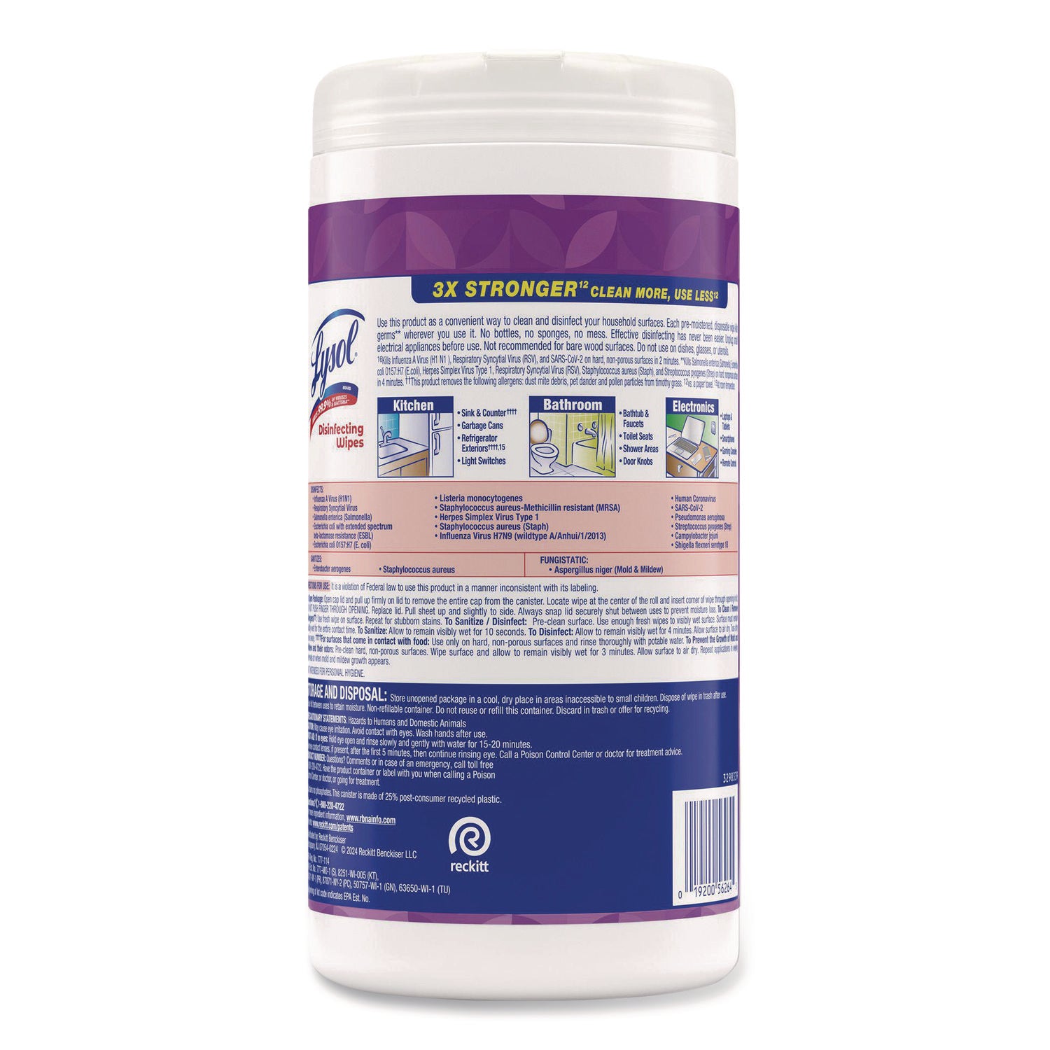 LYSOL® Brand Disinfecting Wipes, 1-Ply, 7 x 7.25, Lavender and Cotton Blossom, White, 80 Wipes/Canister, 6 Canisters/Carton