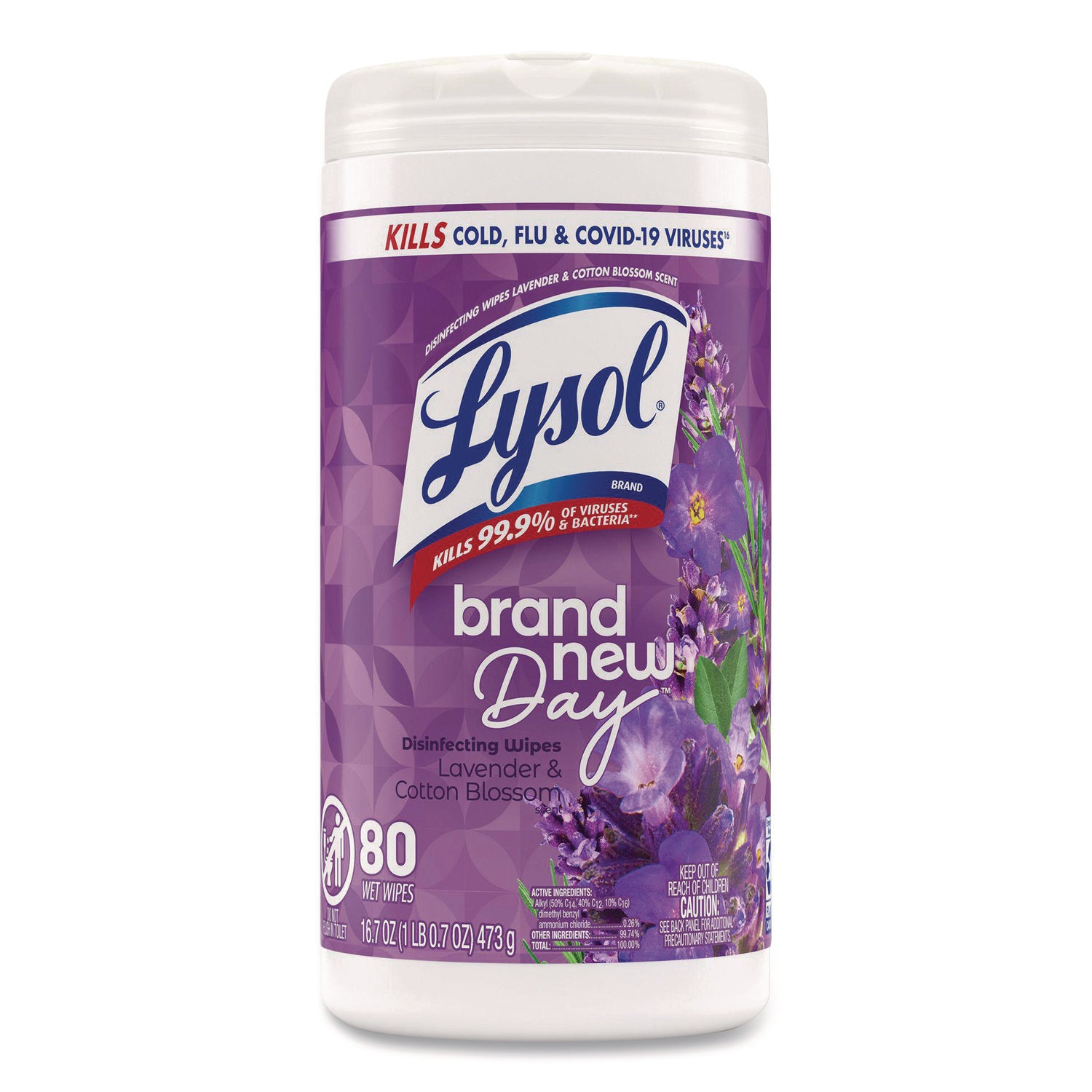 LYSOL® Brand Disinfecting Wipes, 1-Ply, 7 x 7.25, Lavender and Cotton Blossom, White, 80 Wipes/Canister