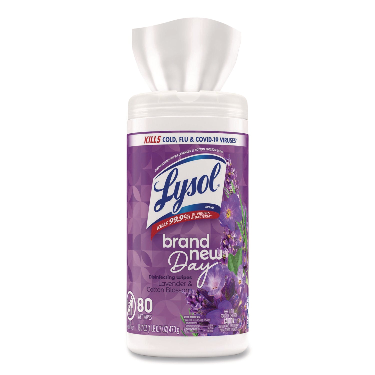 LYSOL® Brand Disinfecting Wipes, 1-Ply, 7 x 7.25, Lavender and Cotton Blossom, White, 80 Wipes/Canister