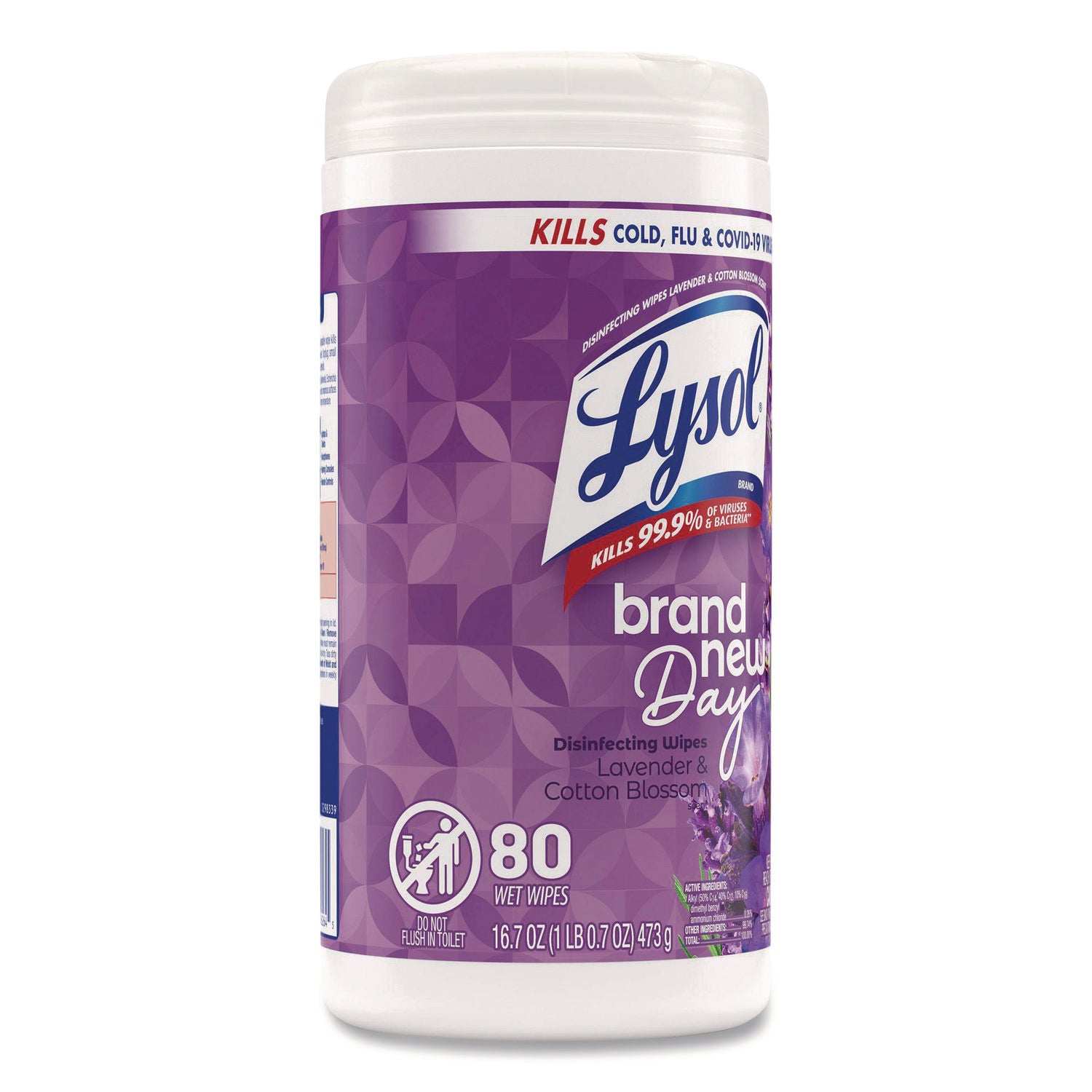 LYSOL® Brand Disinfecting Wipes, 1-Ply, 7 x 7.25, Lavender and Cotton Blossom, White, 80 Wipes/Canister
