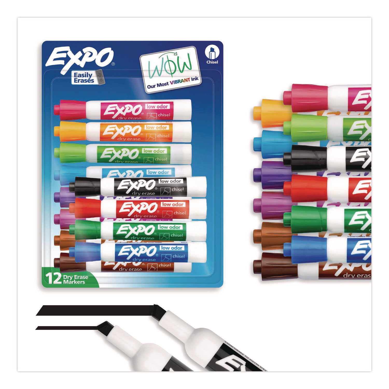EXPO® Low-Odor Dry-Erase Marker, Broad Chisel Tip, Assorted Colors, 12/Set