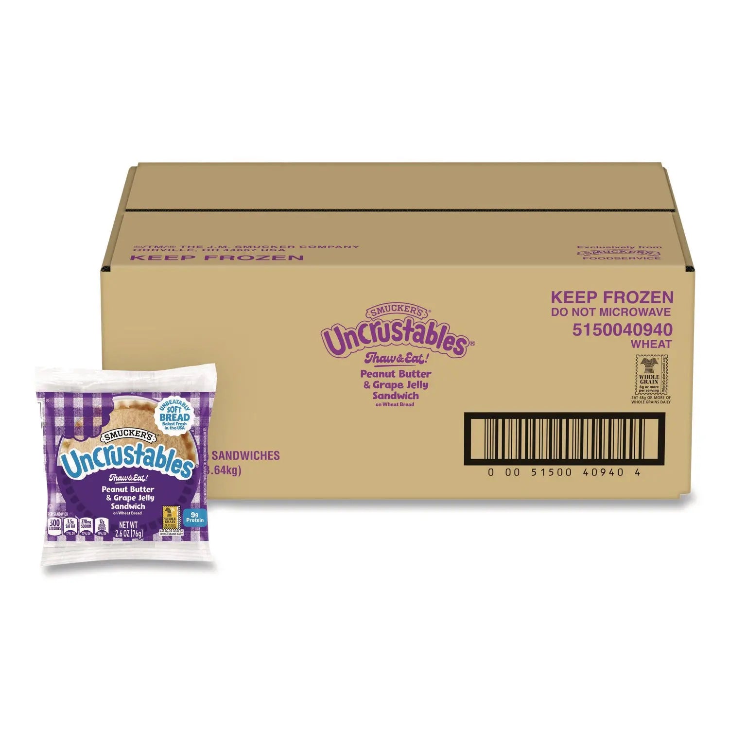 Smucker's® UNCRUSTABLES Soft Bread Sandwiches Wheat Bread Peanut Butter and Grape 2.6 oz Bag 48-Carton Smucker's® Flipcost