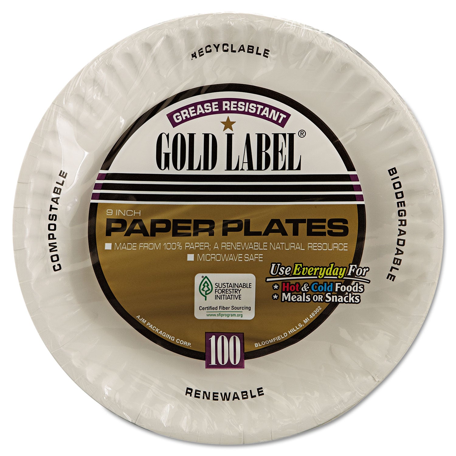 AJM Packaging Corporation Gold Label Coated Paper Plates, 9" Dia, White, 100/pack, 10 Packs/carton