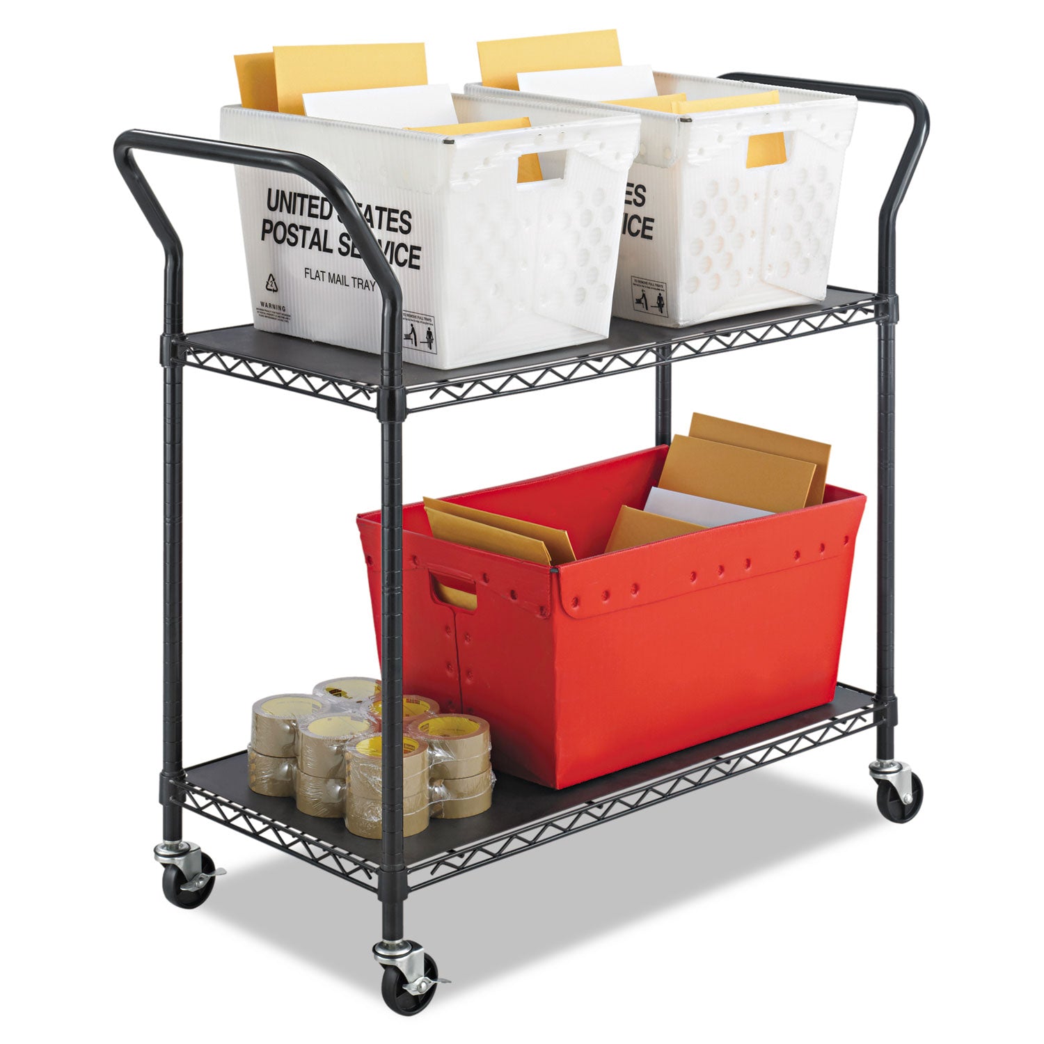 Safco® Wire Utility Cart, Metal, 2 Shelves, 400 lb Capacity, 43.75" x 19.25" x 40.5", Black