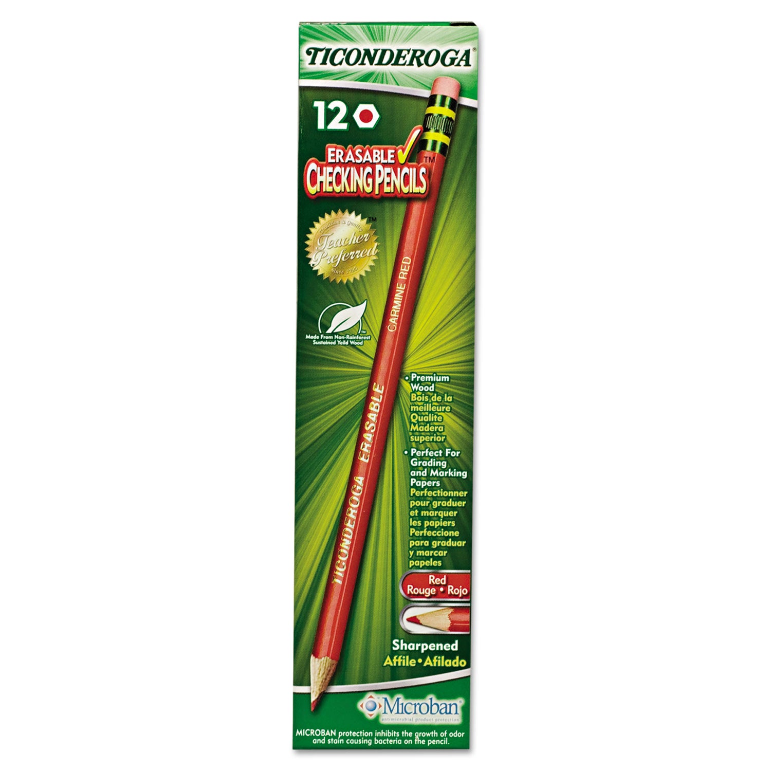 Ticonderoga® Erasable Colored Pencils, 2.6 mm, 2B, Carmine Red Lead, Carmine Red Barrel, 12/Pack