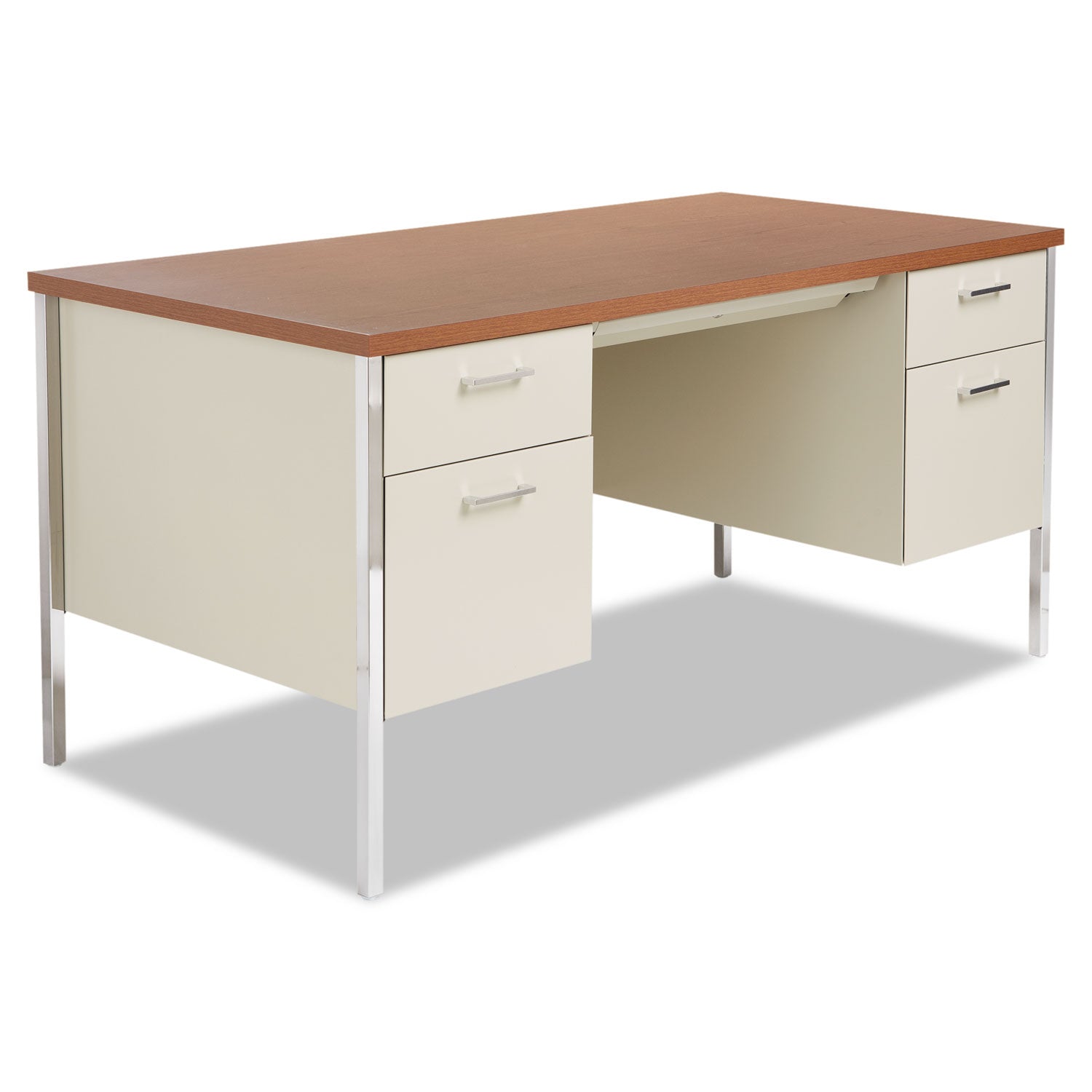Double Pedestal Steel Desk, 60" x 30" x 29.5", Cherry/Putty, Chrome-Plated Legs