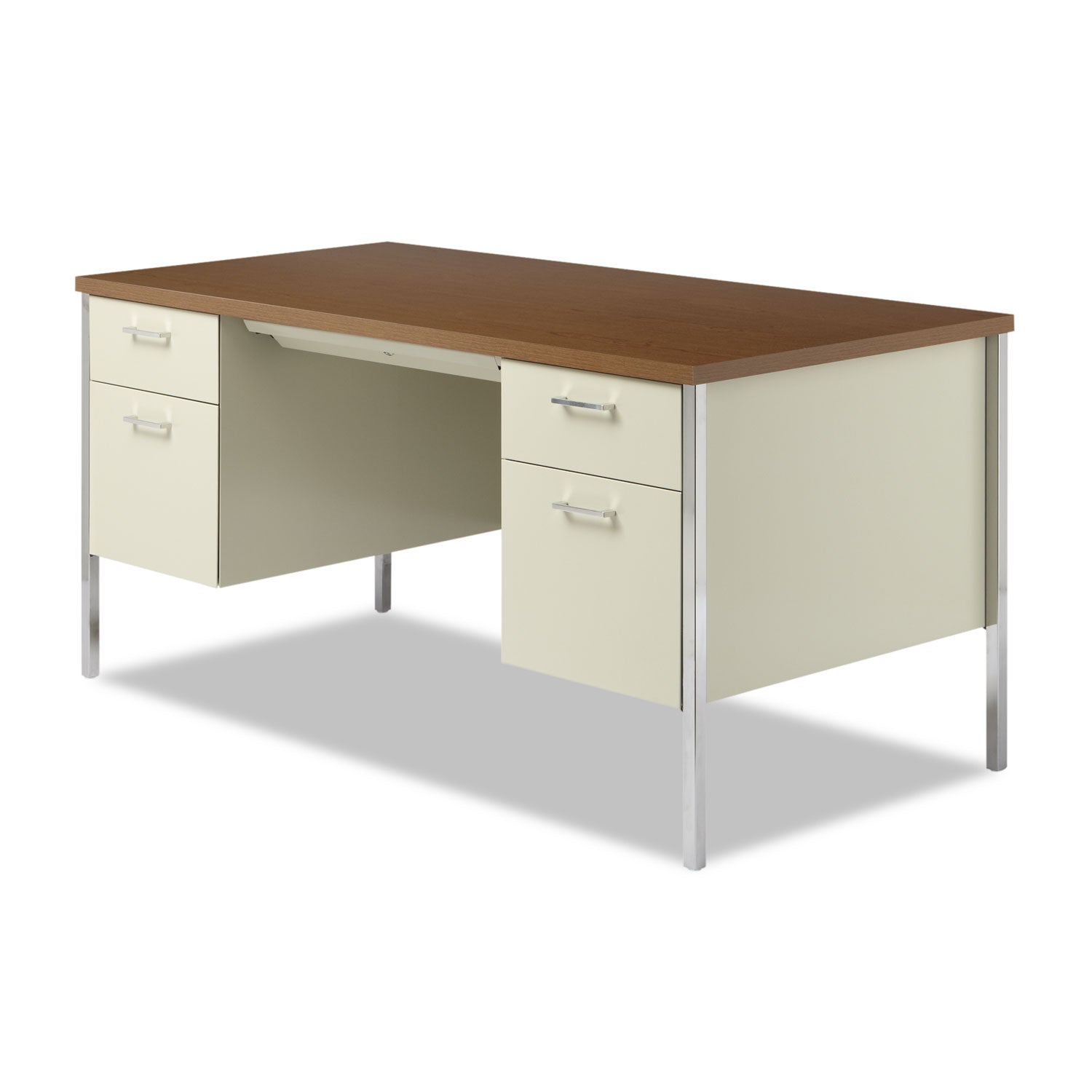 Alera® Double Pedestal Steel Desk, 60" x 30" x 29.5", Cherry/Putty, Chrome-Plated Legs