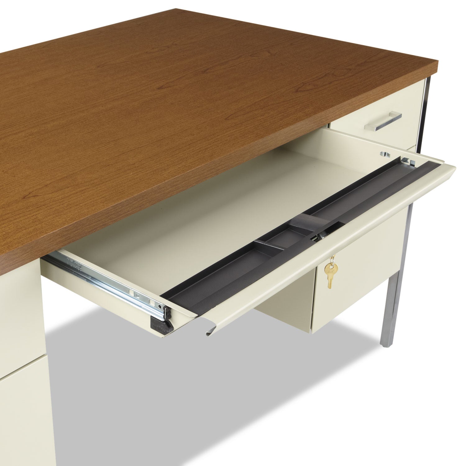 Alera® Double Pedestal Steel Desk, 60" x 30" x 29.5", Cherry/Putty, Chrome-Plated Legs