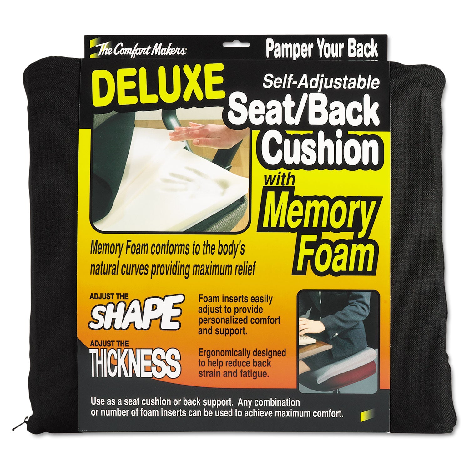 The ComfortMakers Deluxe Seat/Back Cushion, Memory Foam, 17 x 2.75 x 17.5, Black
