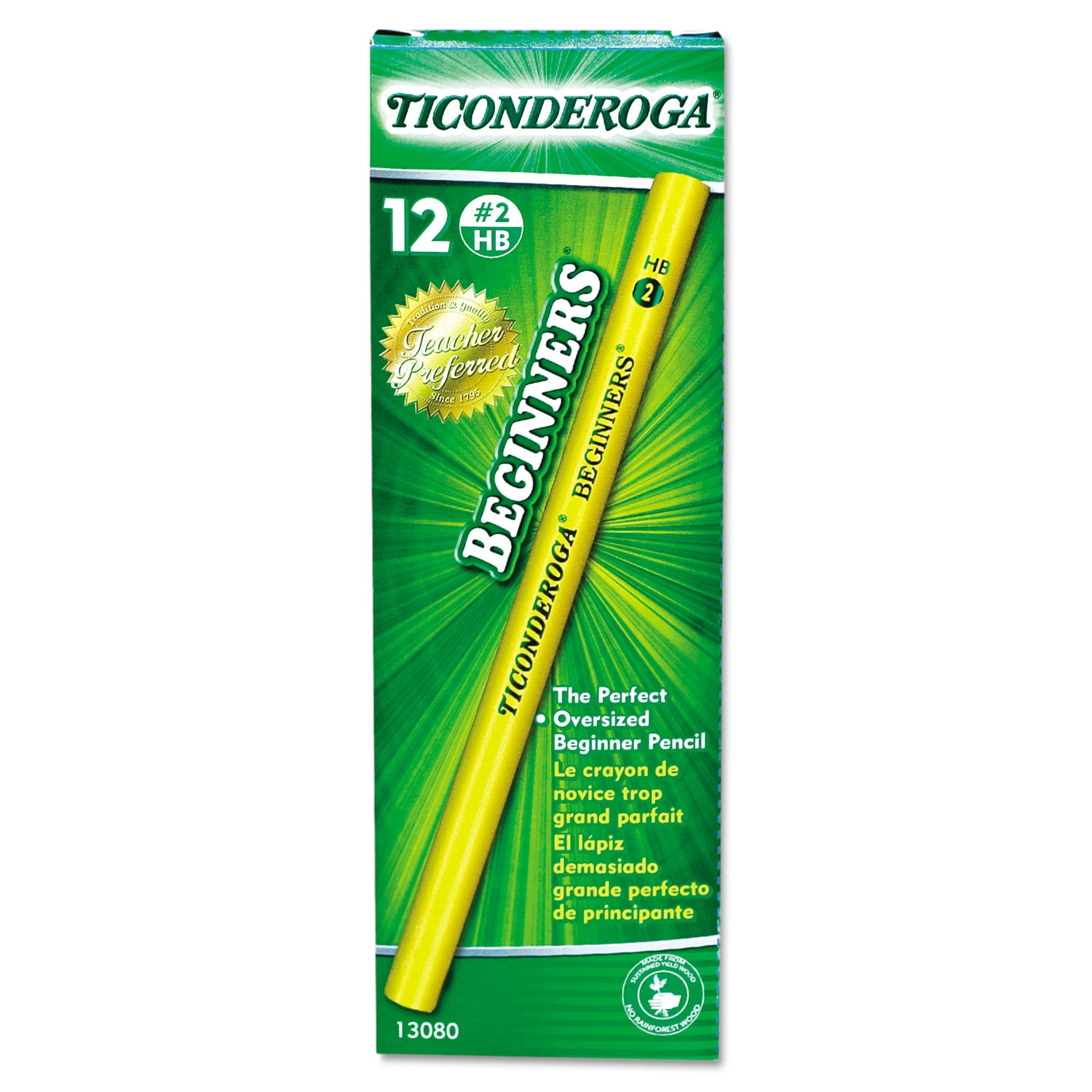 Dixon® Ticonderoga Beginners Woodcase Pencil with Microban, HB (#2), Black Lead, Yellow Barrel, Dozen