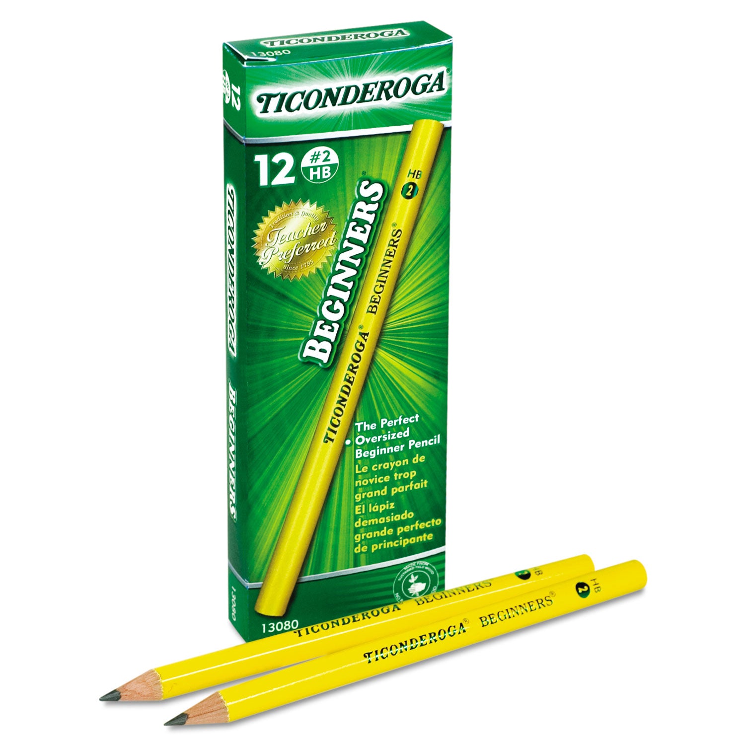 Dixon® Ticonderoga Beginners Woodcase Pencil with Microban, HB (#2), Black Lead, Yellow Barrel, Dozen