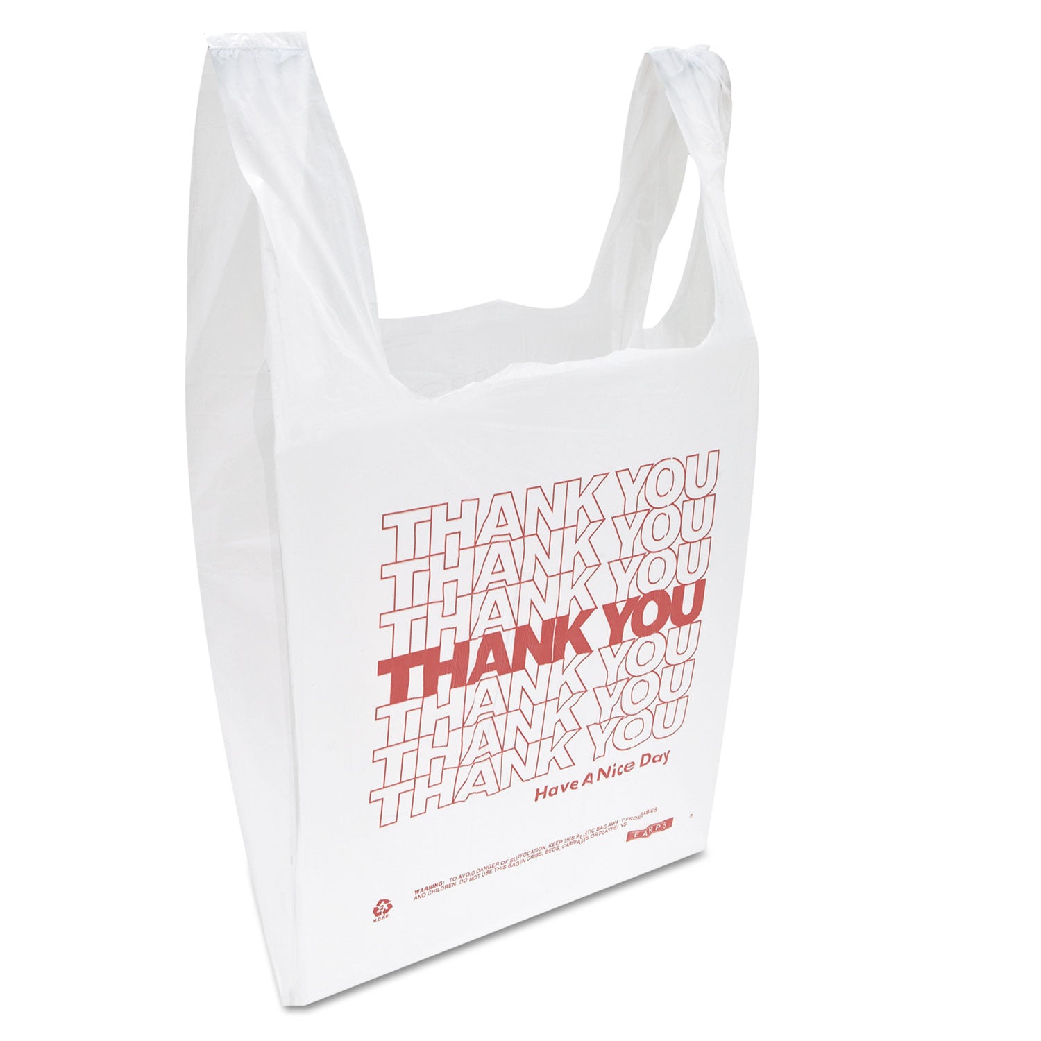 Inteplast Group "Thank You" Handled T-Shirt Bag, Have a Nice Day Labeling, Cut-Out Handles, 11.5" x 6.5" x 21", White/Red, 900/Carton