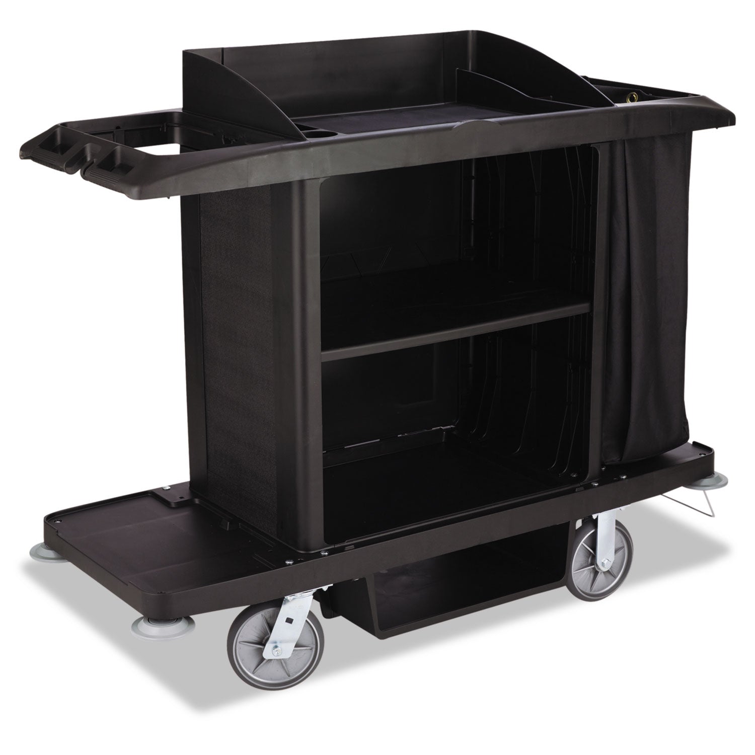 Rubbermaid® Commercial Housekeeping Cart, Plastic, 3 Shelves, 2 Bins, 22" x 60" x 50", Black