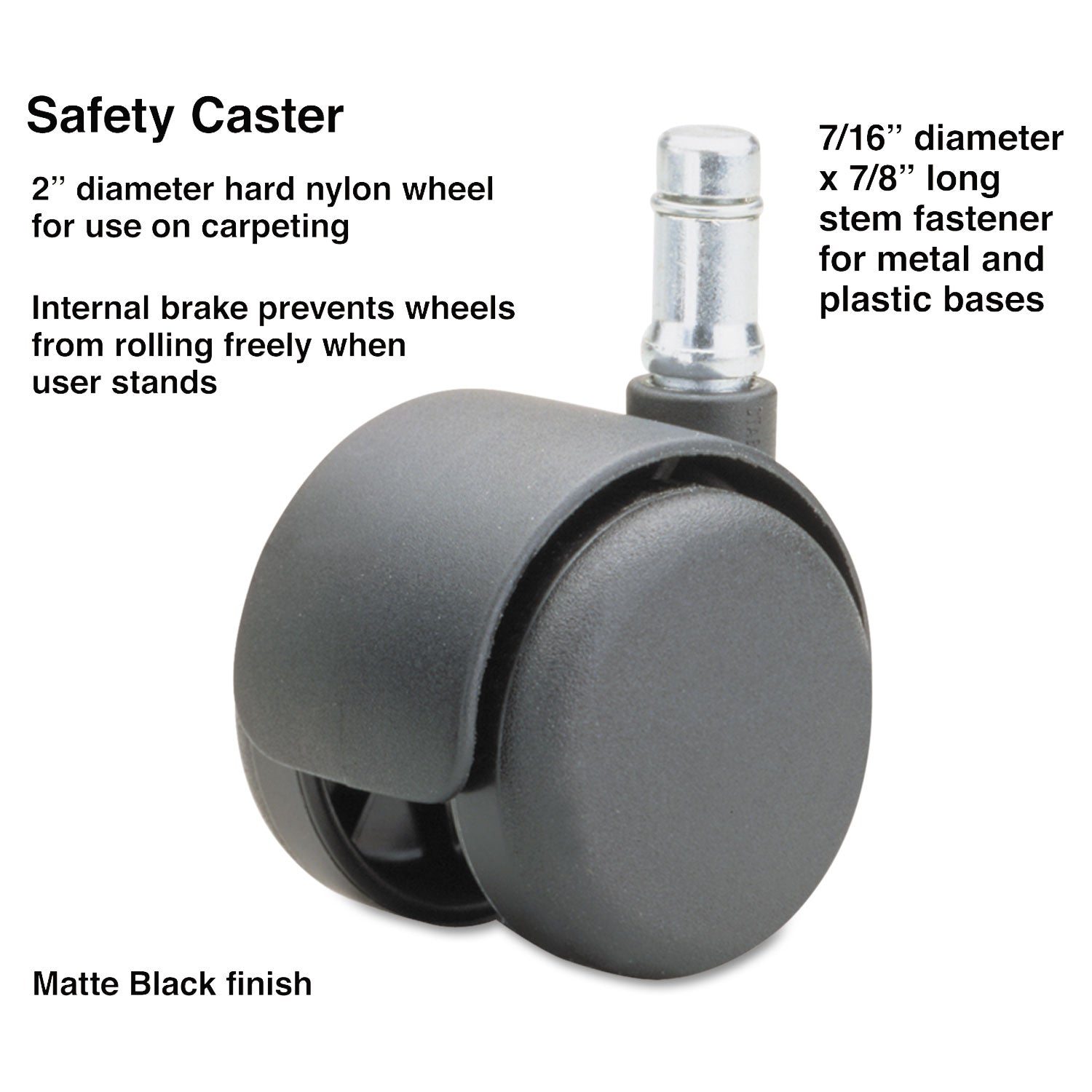 Safety Casters, Standard Neck, Grip Ring Type B Stem, 2" Hard Nylon Wheel, Matte Black, 5/Set