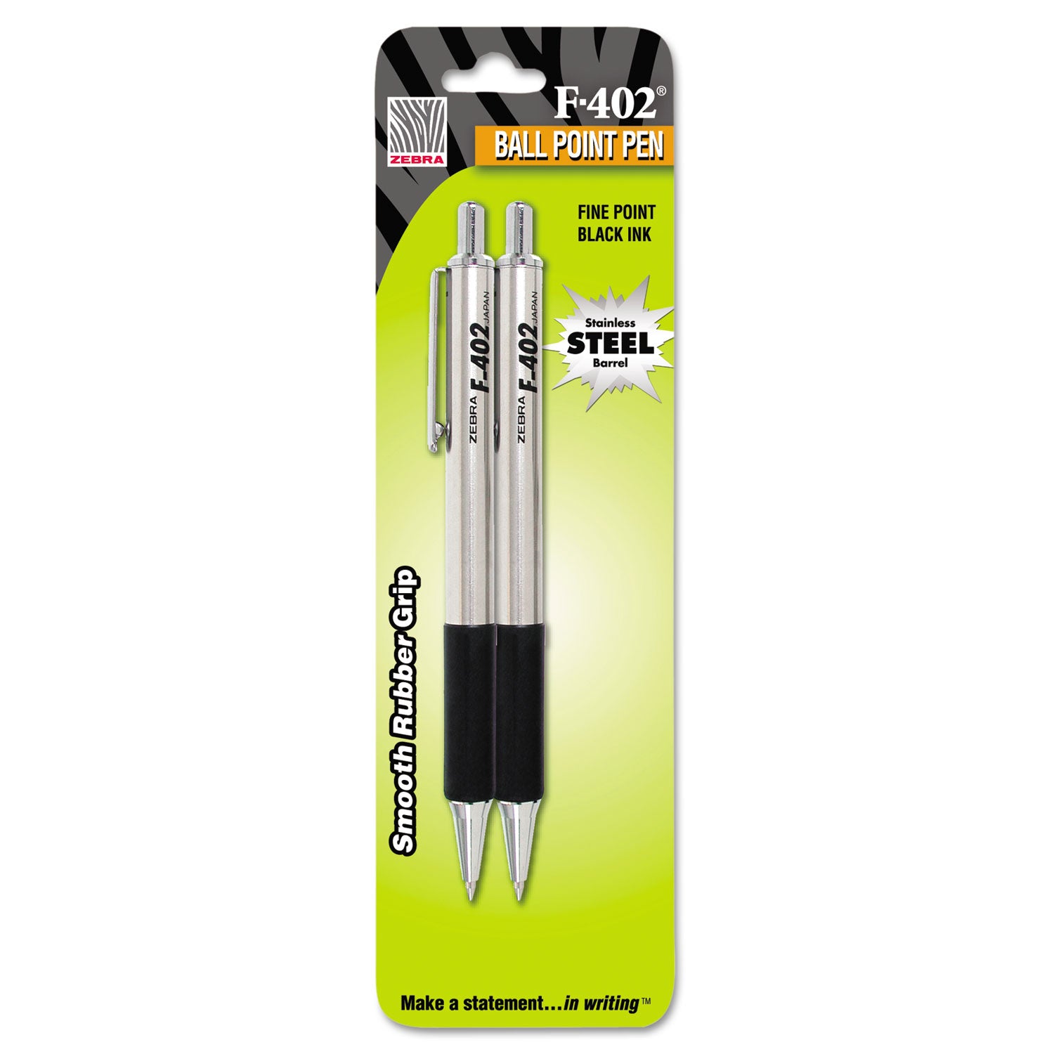 Zebra® F-402 Ballpoint Pen, Retractable, Fine 0.7 Mm, Black Ink, Stainless Steel/black Barrel, 2/pack