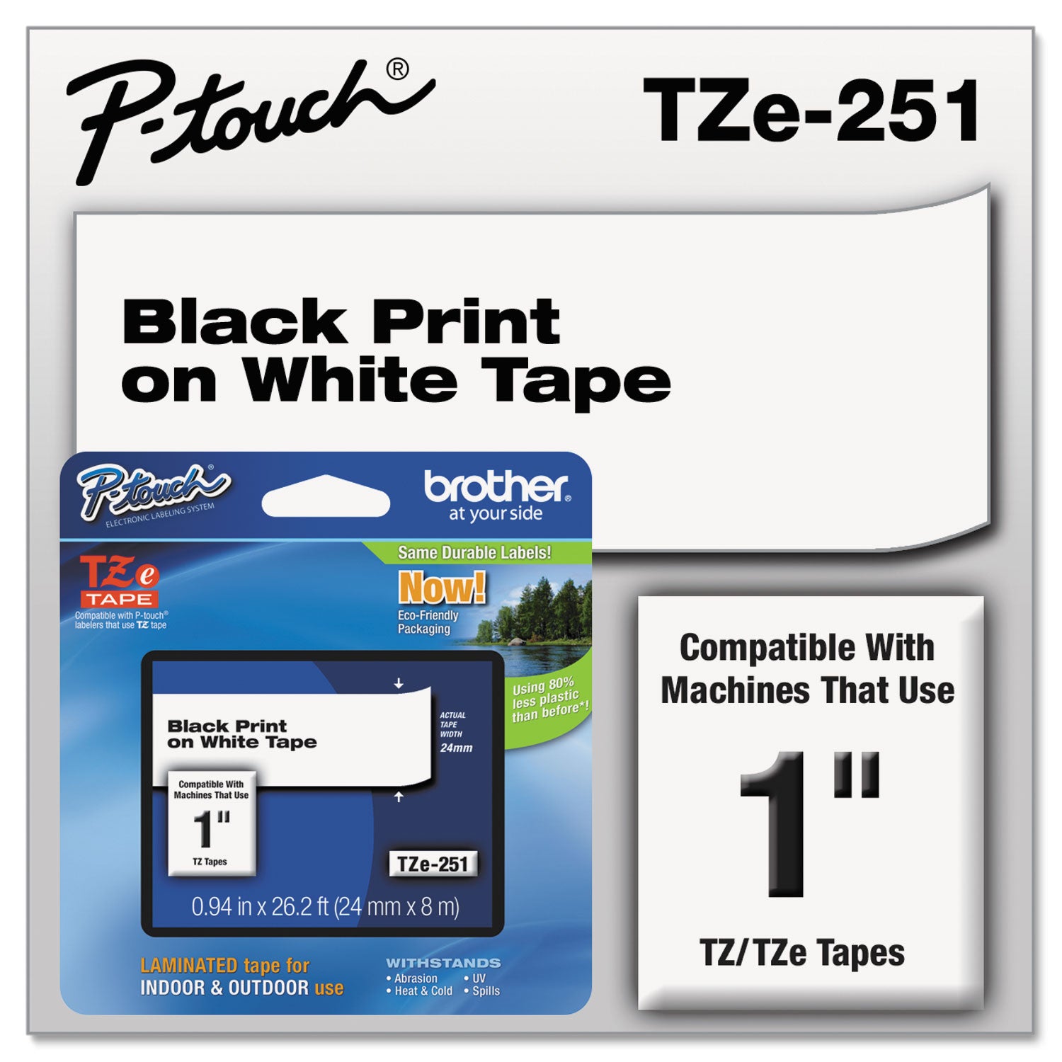 Brother P-Touch® Tze Standard Adhesive Laminated Labeling Tape, 0.94" X 26.2 Ft, Black On White