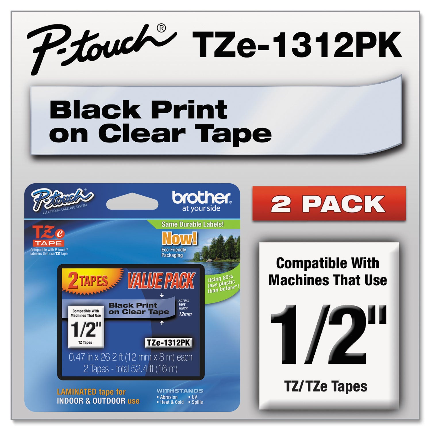 Brother P-Touch® Tze Standard Adhesive Laminated Labeling Tapes, 0.47" X 26.2 Ft, Black On Clear, 2/pack