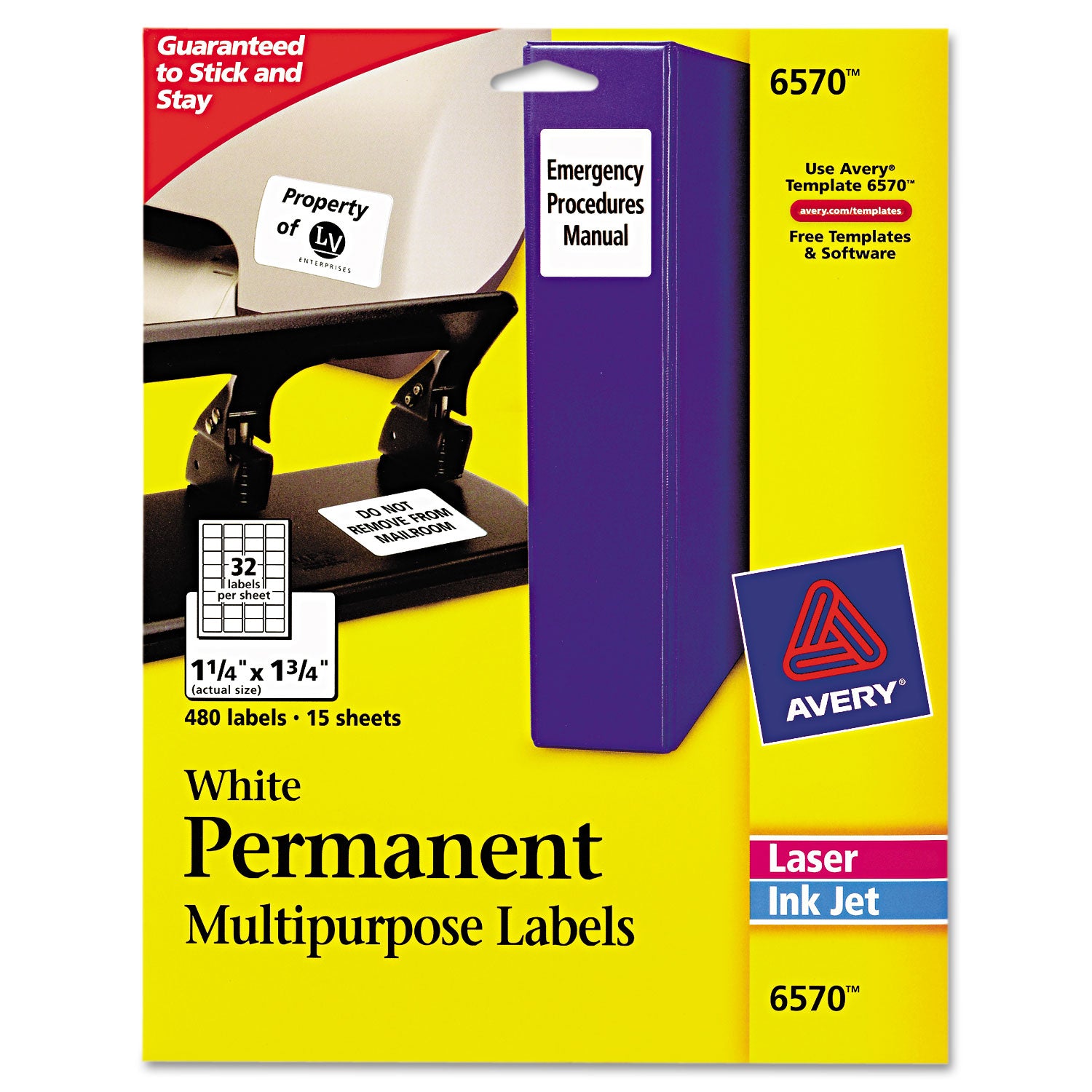 Permanent ID Labels w/ Sure Feed Technology, Inkjet/Laser Printers, 1.25 x 1.75, White, 32/Sheet, 15 Sheets/Pack