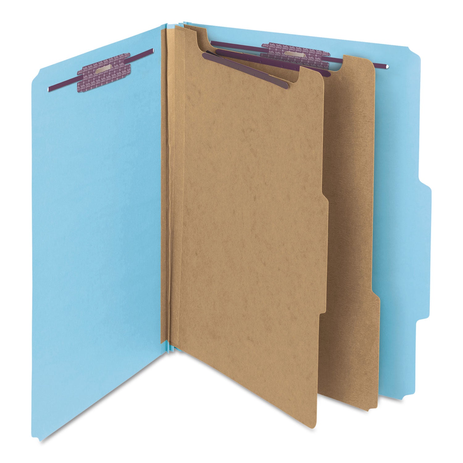 Smead Six-Section Pressboard Top Tab Classification Folders, Six SafeSHIELD Fasteners, 2 Dividers, Letter Size, Blue, 10/Box