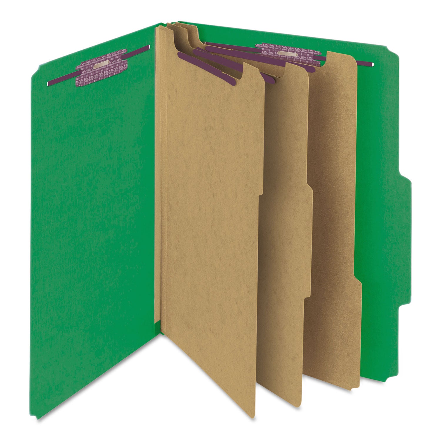 Smead Eight-Section Pressboard Top Tab Classification Folders, Eight SafeSHIELD Fasteners, 3 Dividers, Letter Size, Green, 10/Box