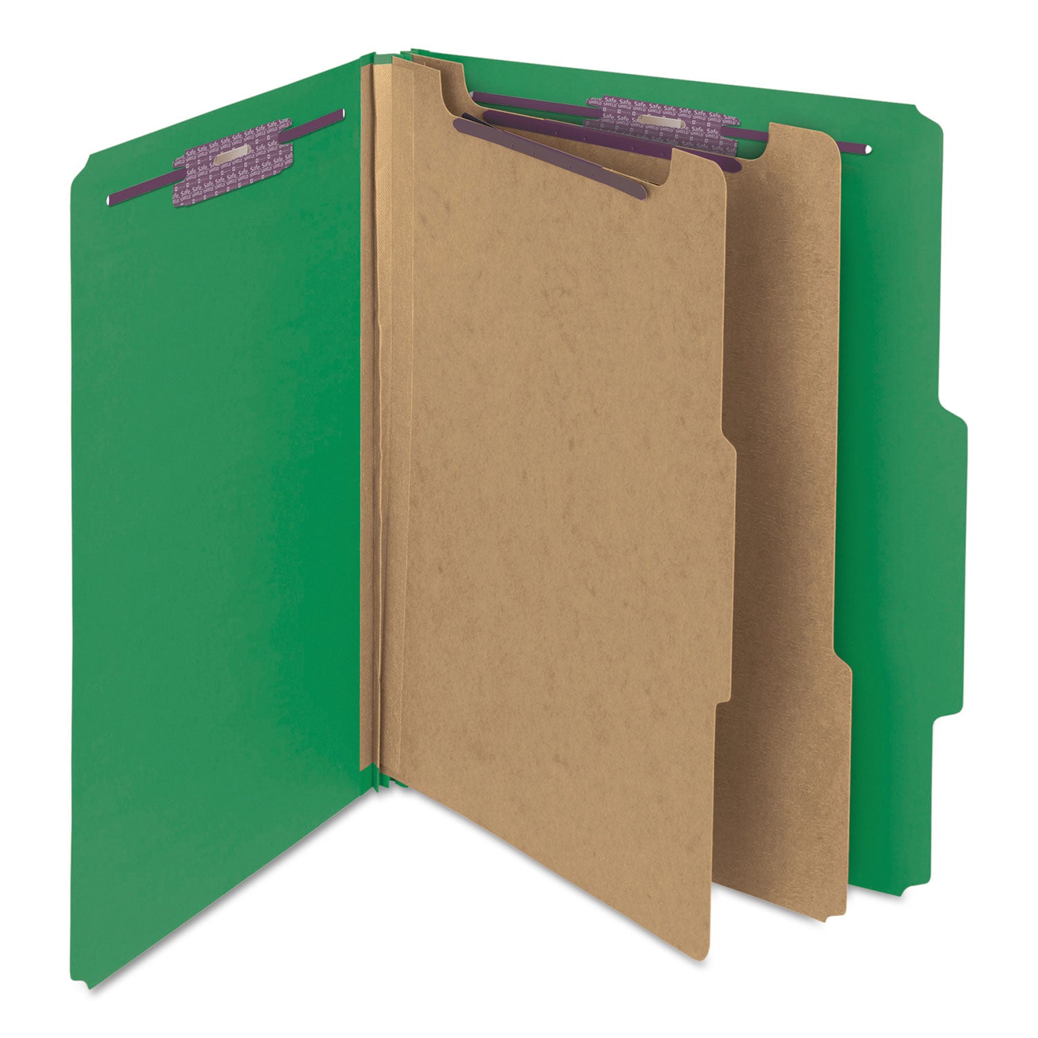 Smead Six-Section Pressboard Top Tab Classification Folders, Six SafeSHIELD Fasteners, 2 Dividers, Letter Size, Green, 10/Box