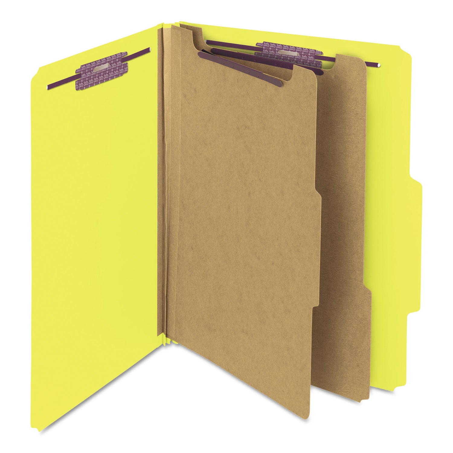 Smead Six-Section Pressboard Top Tab Classification Folders, Six SafeSHIELD Fasteners, 2 Dividers, Letter Size, Yellow, 10/Box