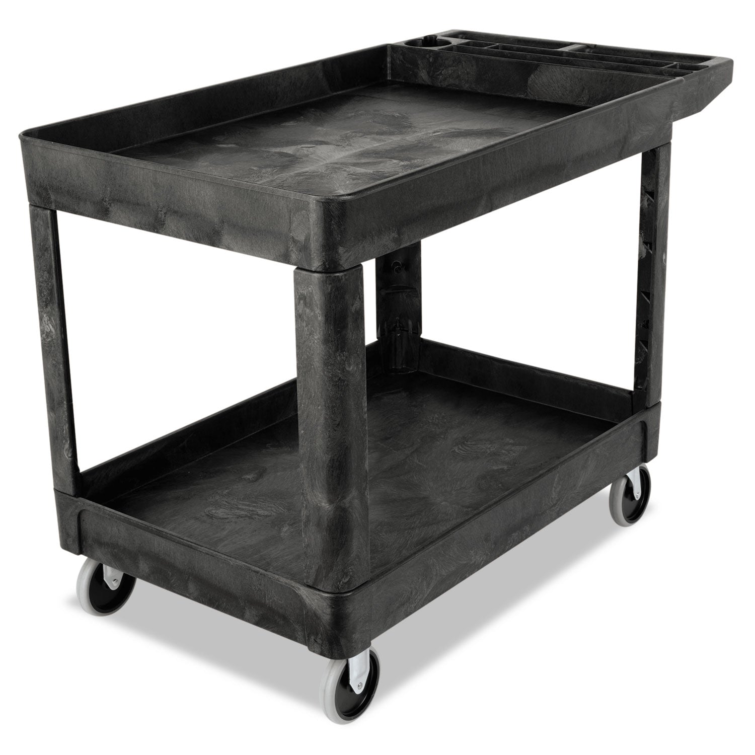 Rubbermaid® Commercial Heavy-Duty Utility Cart with Lipped Shelves, Plastic, 2 Shelves, 500 lb Capacity, 25.78" x 45.25" x 33.25", Black
