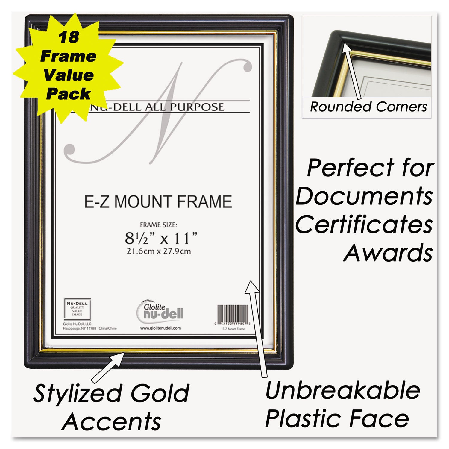 NuDell™ Ez Mount Document Frame With Trim Accent And Plastic Face, Plastic, 8.5 X 11 Insert, Black/gold, 18/carton
