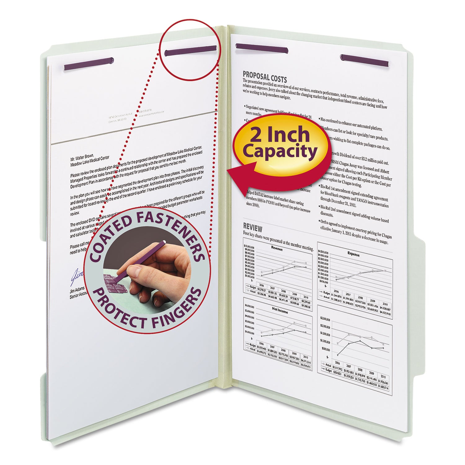 Recycled Pressboard Folders, Two SafeSHIELD Coated Fasteners, 2/5-Cut: R of C, 2" Expansion, Legal Size, Gray-Green, 25/Box