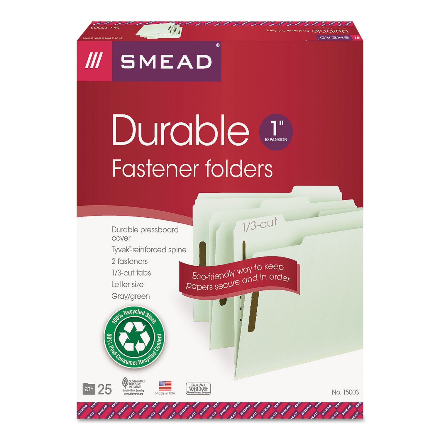 Smead Recycled Pressboard Fastener Folders, 1" Expansion, 2 Fasteners, Letter Size, Gray-Green Exterior, 25/Box