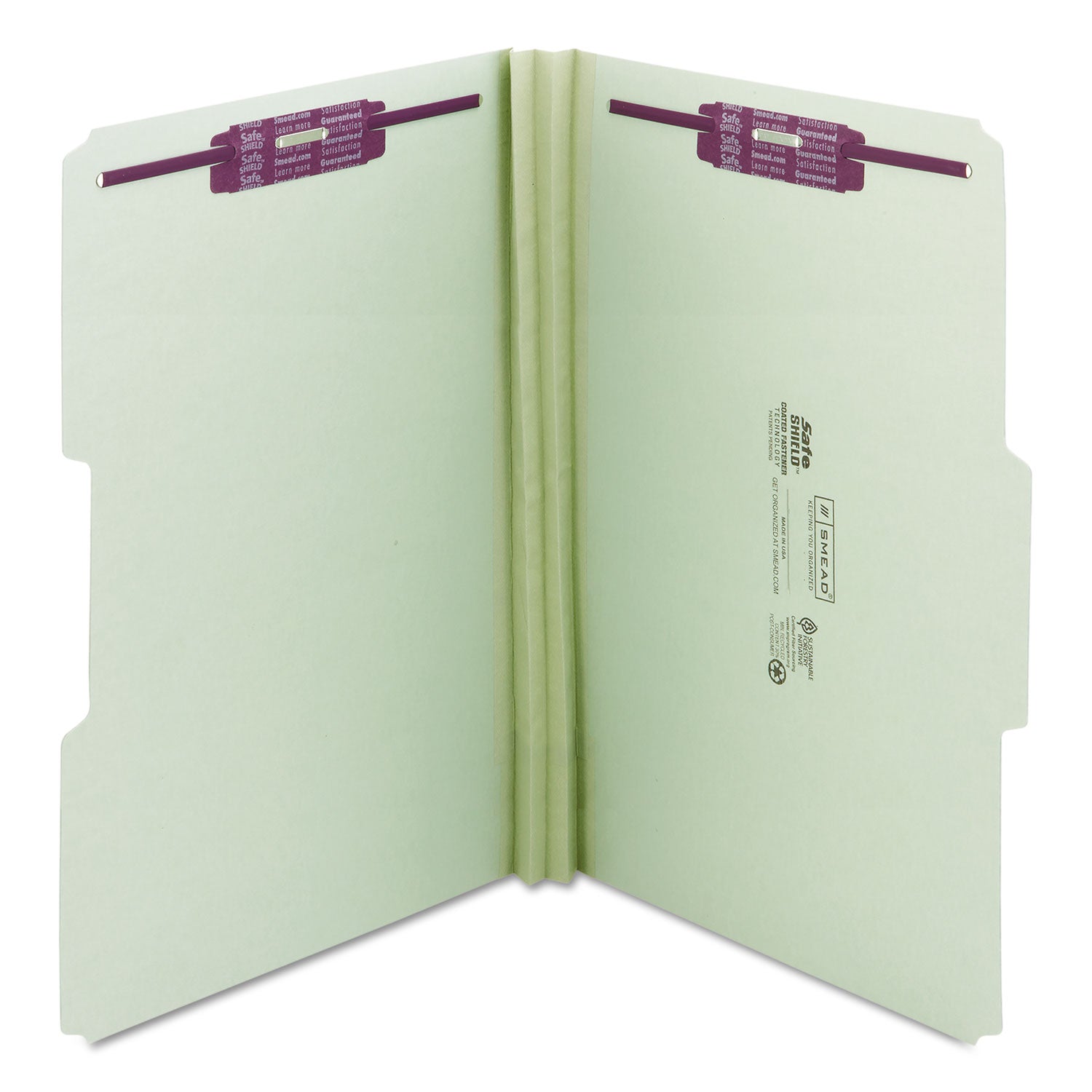 Smead Recycled Pressboard Fastener Folders, 1/3-Cut Tabs, Two SafeSHIELD Fasteners, 2" Expansion, Legal Size, Gray-Green, 25/Box