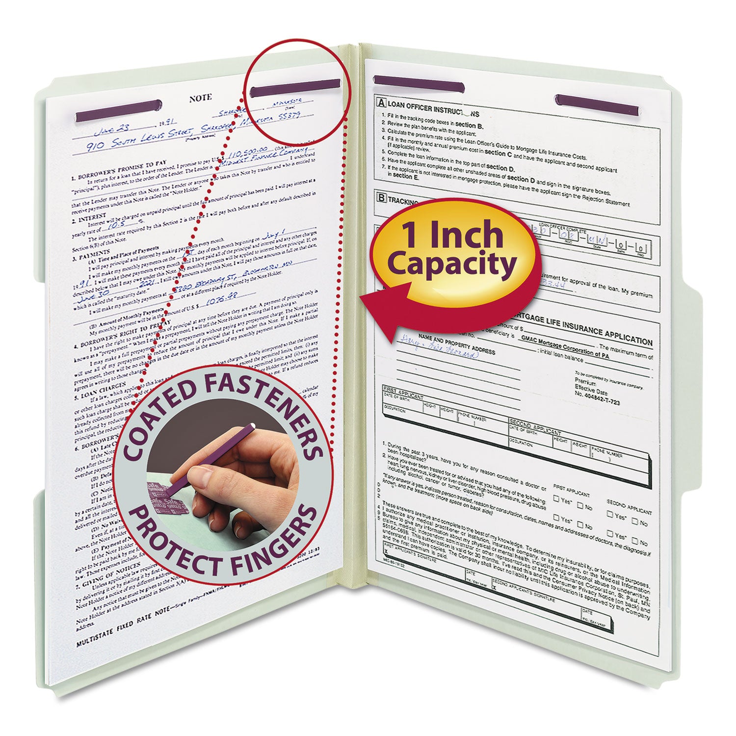 Smead Recycled Pressboard Fastener Folders, 1/3-Cut Tabs, Two SafeSHIELD Fasteners, 1" Expansion, Legal Size, Gray-Green, 25/Box