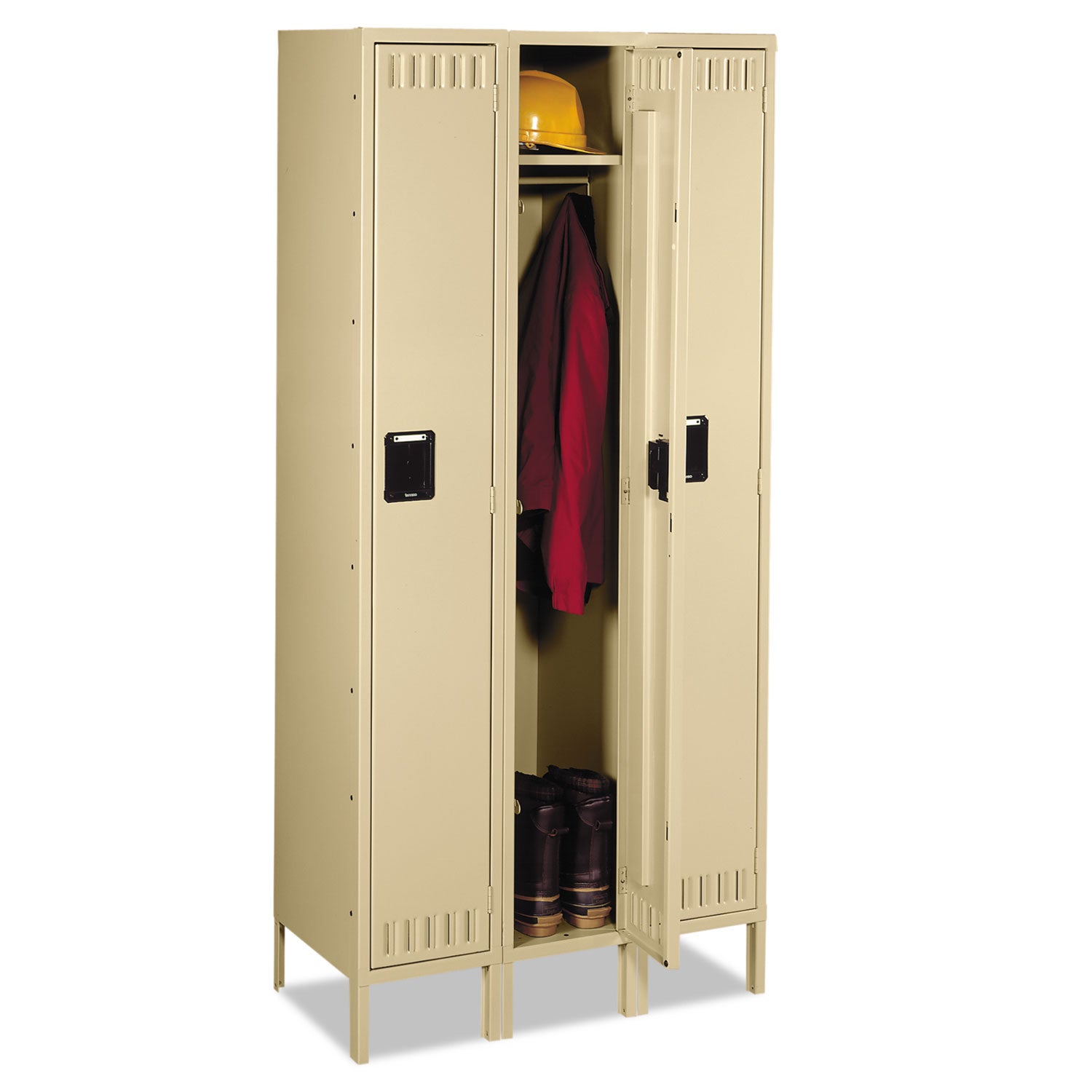 Single-Tier Locker with Legs, Three Lockers with Hat Shelves and Coat Rods, 36w x 18d x 78h, Sand