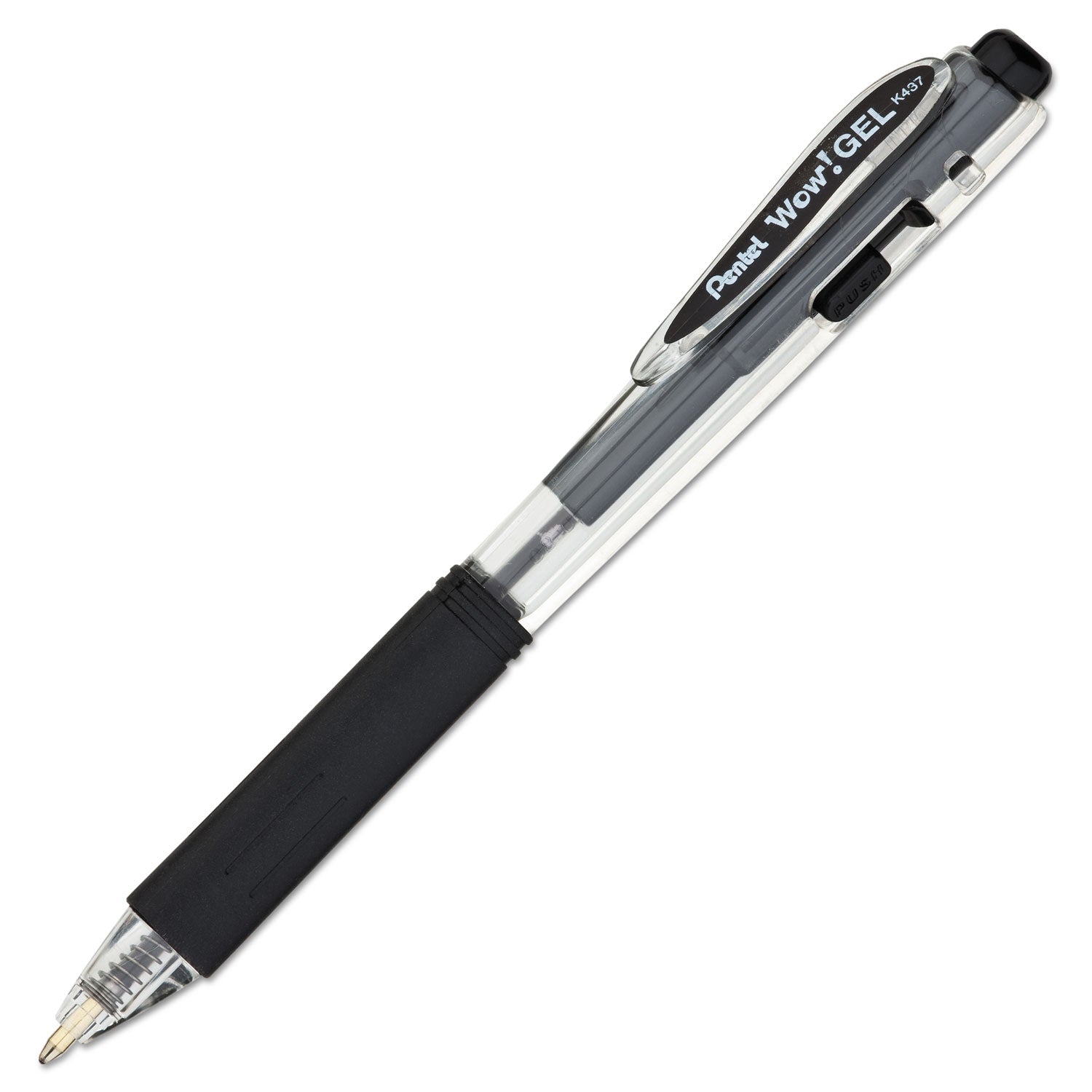 Pentel® WOW! Gel Pen, Retractable, Medium 0.7 mm, Black Ink, Clear/Black Barrel, 24/Pack