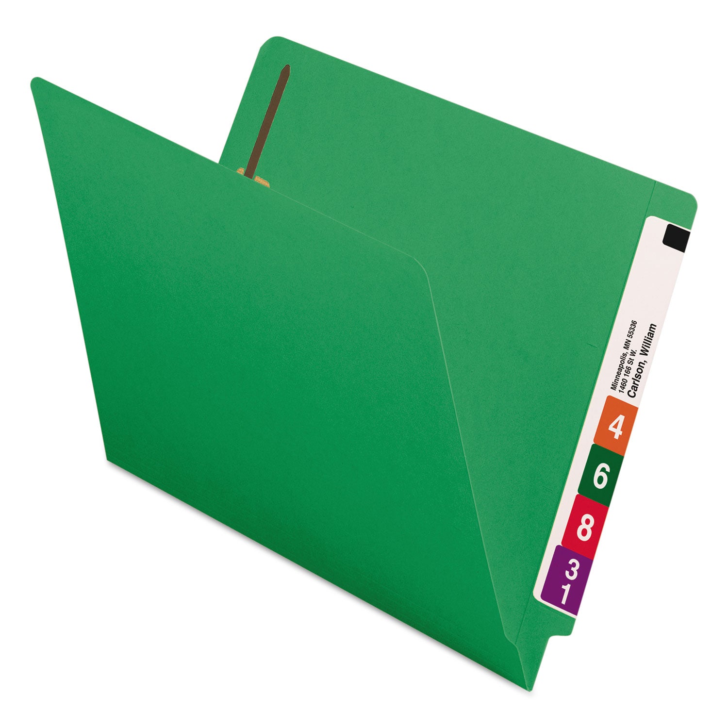 Smead Heavyweight Colored End Tab Fastener Folders, 0.75" Expansion, 2 Fasteners, Letter Size, Green Exterior, 50/Box