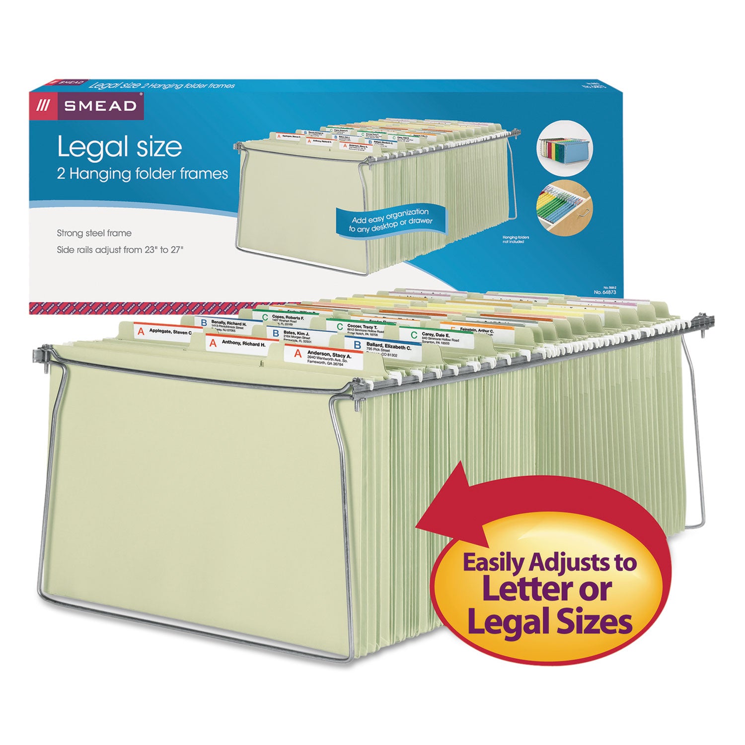 Smead Steel Hanging Folder Drawer Frame, Legal Size, 23" To 27" Long, Gray, 2/pack