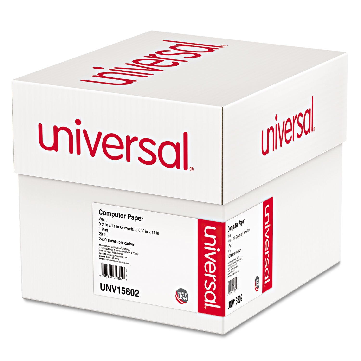 Universal® Printout Paper, 1-Part, 0.5" Standard Perforation, 20 lb Bond Weight, 9.5 x 11, White, 2,400/Carton