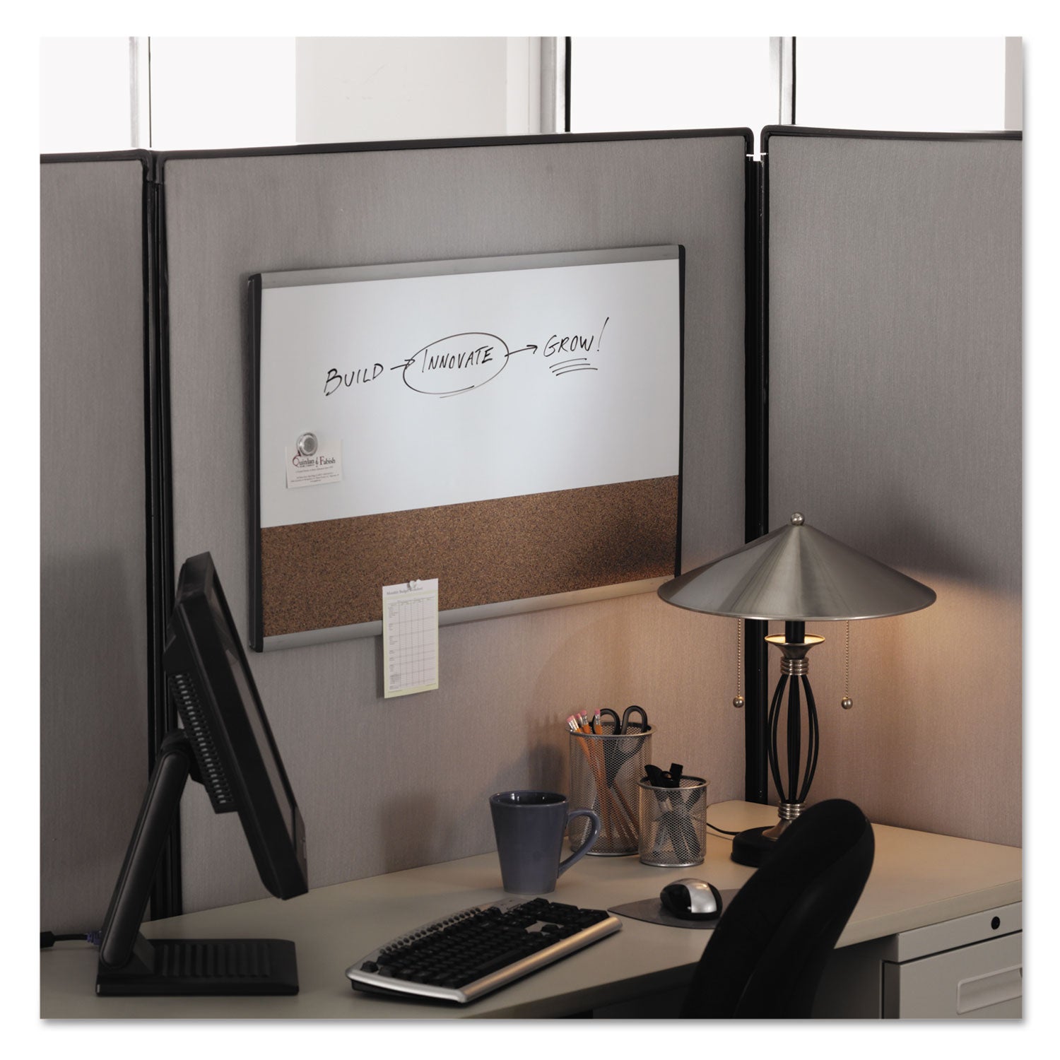 Quartet® ARC Frame Cubicle Board, Combo Dry Erase/Cork Bulletin, 30" x 18", Tan/White Surface, Satin Aluminum Frame
