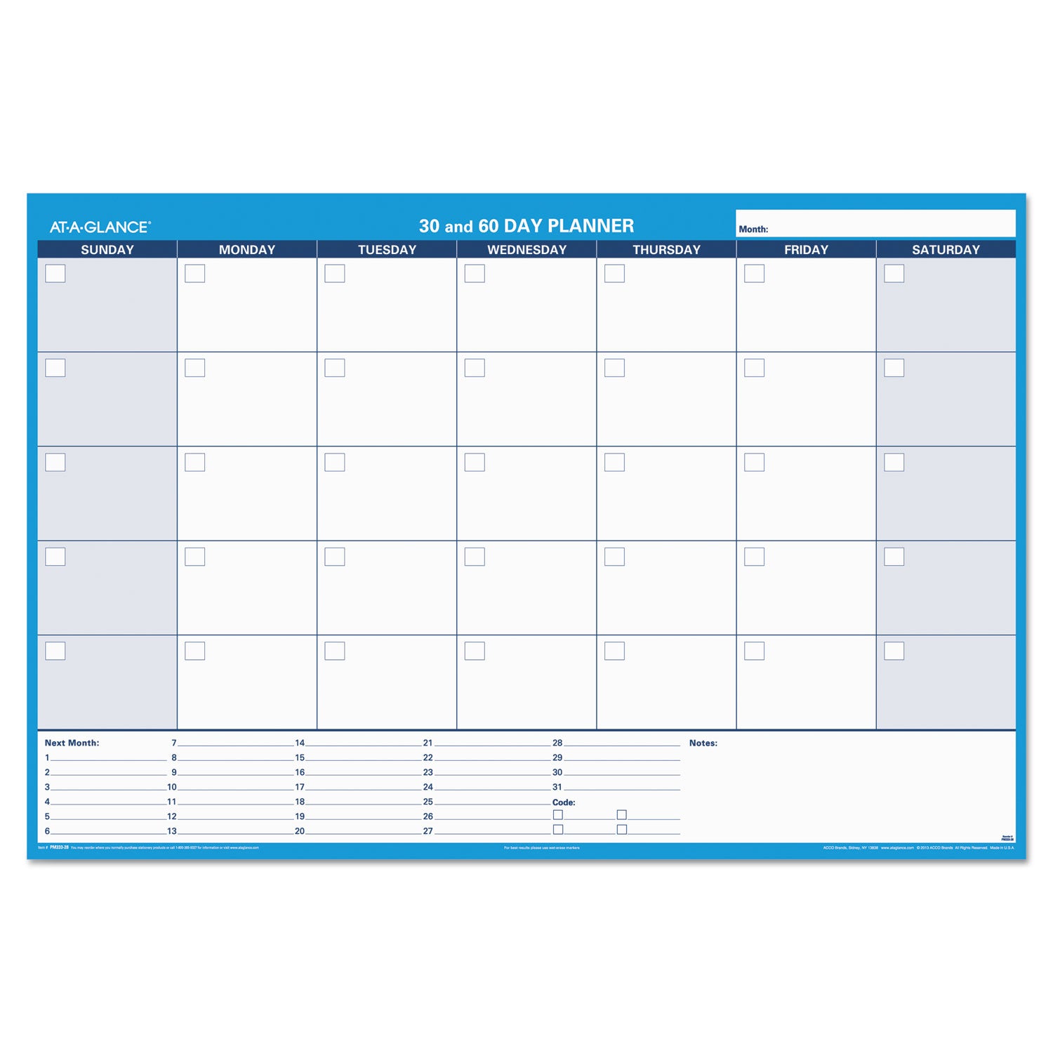 AT-A-GLANCE® 30/60-Day Undated Horizontal Erasable Wall Planner, 48 X 32, White/blue Sheets, Undated