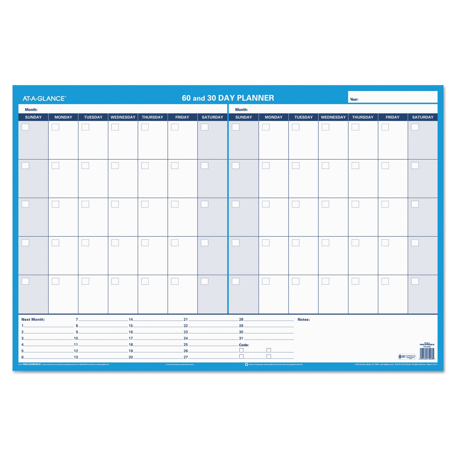 AT-A-GLANCE® 30/60-Day Undated Horizontal Erasable Wall Planner, 36 X 24, White/blue Sheets, Undated